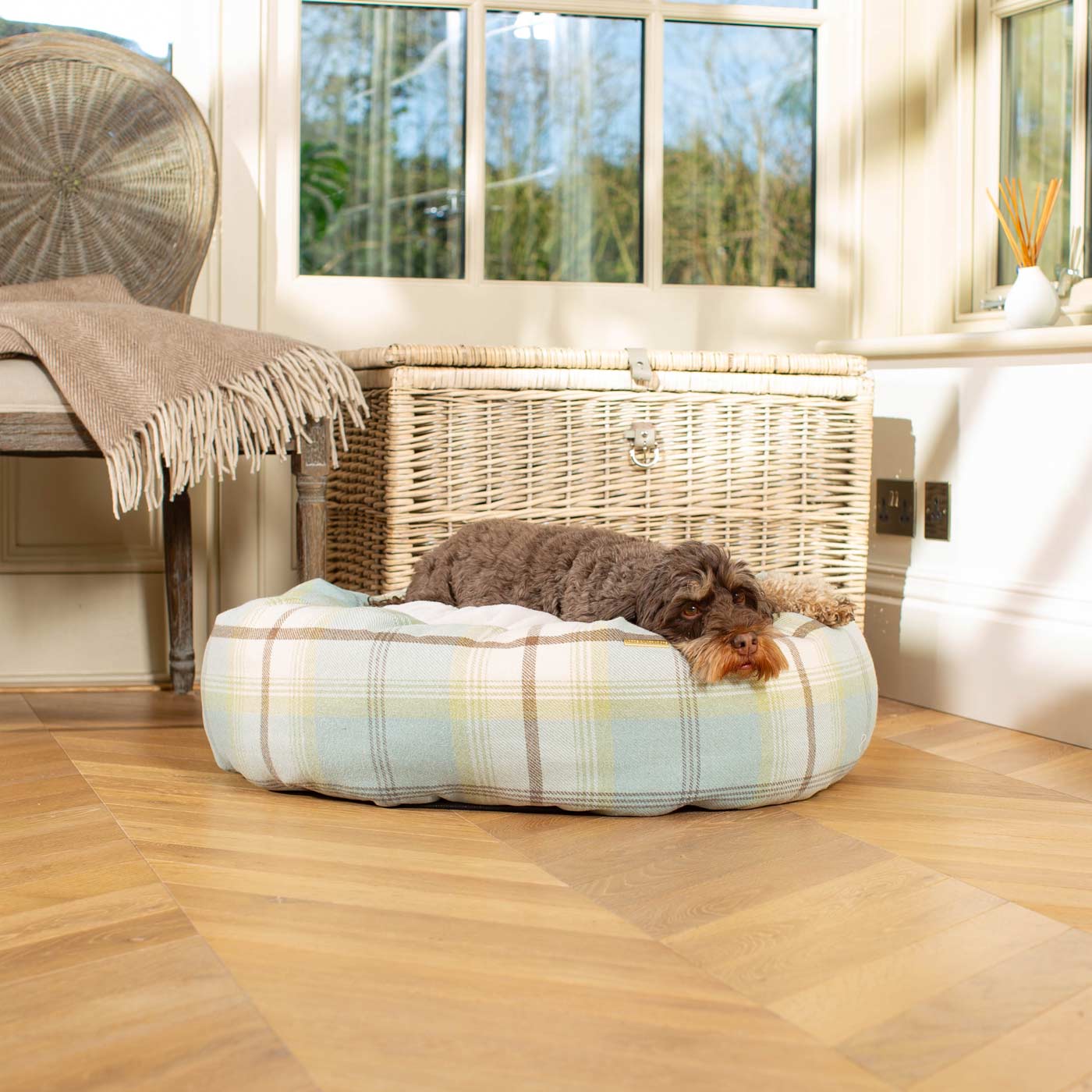 Discover Our Handmade Luxury Donut Dog Bed, In Duck Egg Tweed, The Perfect Choice For Puppies Available Now at Lords & Labradors US