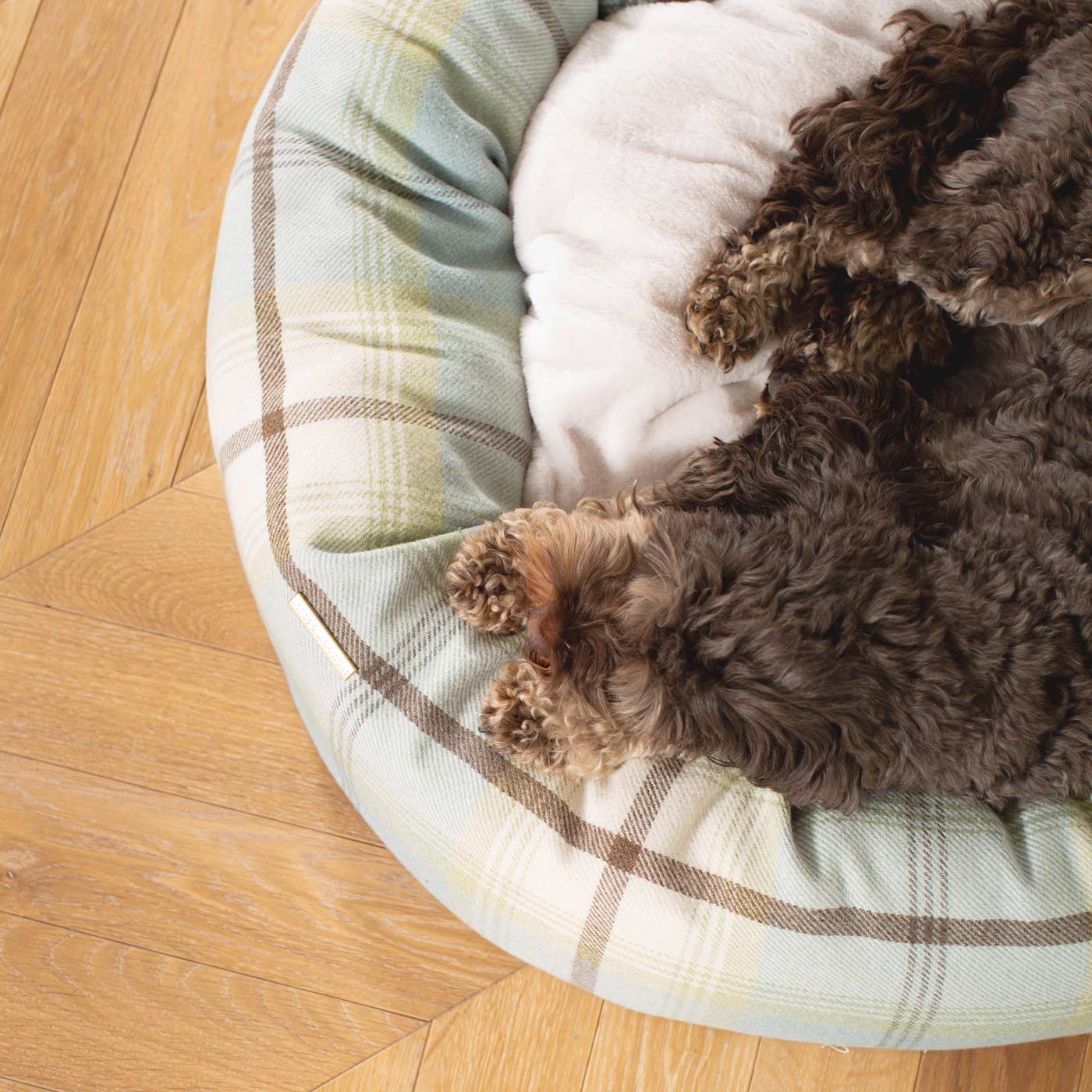 Discover Our Handmade Luxury Donut Dog Bed, In Duck Egg Tweed, The Perfect Choice For Puppies Available Now at Lords & Labradors US