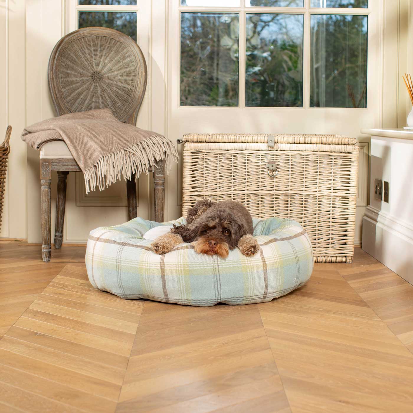Discover Our Handmade Luxury Donut Dog Bed, In Duck Egg Tweed, The Perfect Choice For Puppies Available Now at Lords & Labradors US