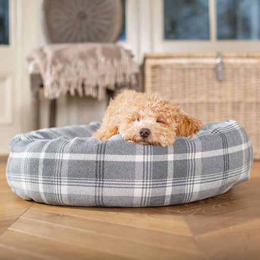 Discover Our Handmade Luxury Donut Dog Bed, In Dove Grey Tweed, The Perfect Choice For Puppies Available Now at Lords & Labradors US