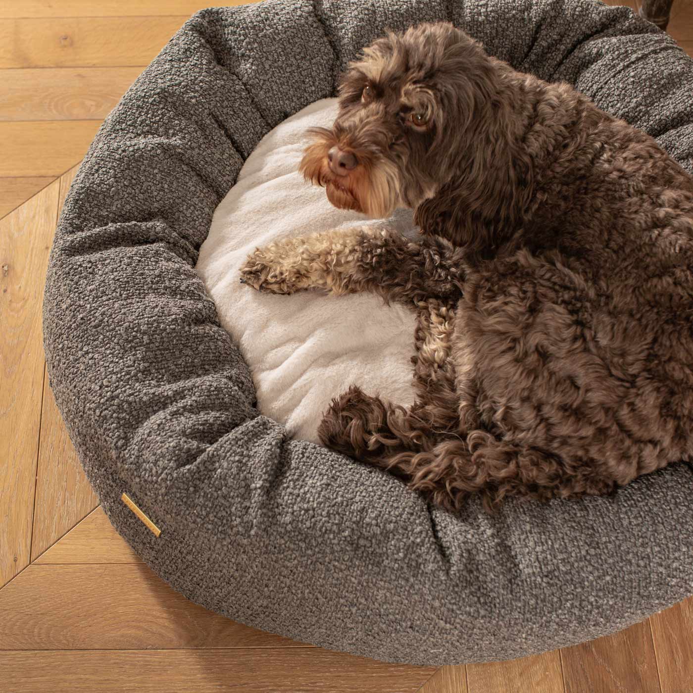 Discover Our Handmade Luxury Donut Dog Bed, In Granite Bouclé, The Perfect Choice For Puppies Available Now at Lords & Labradors US