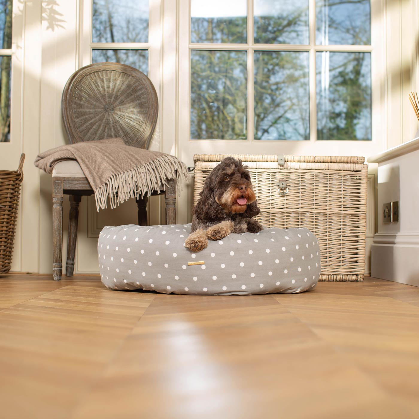 Discover Our Handmade Luxury Donut Dog Bed, In Grey Spot, The Perfect Choice For Puppies Available Now at Lords & Labradors US