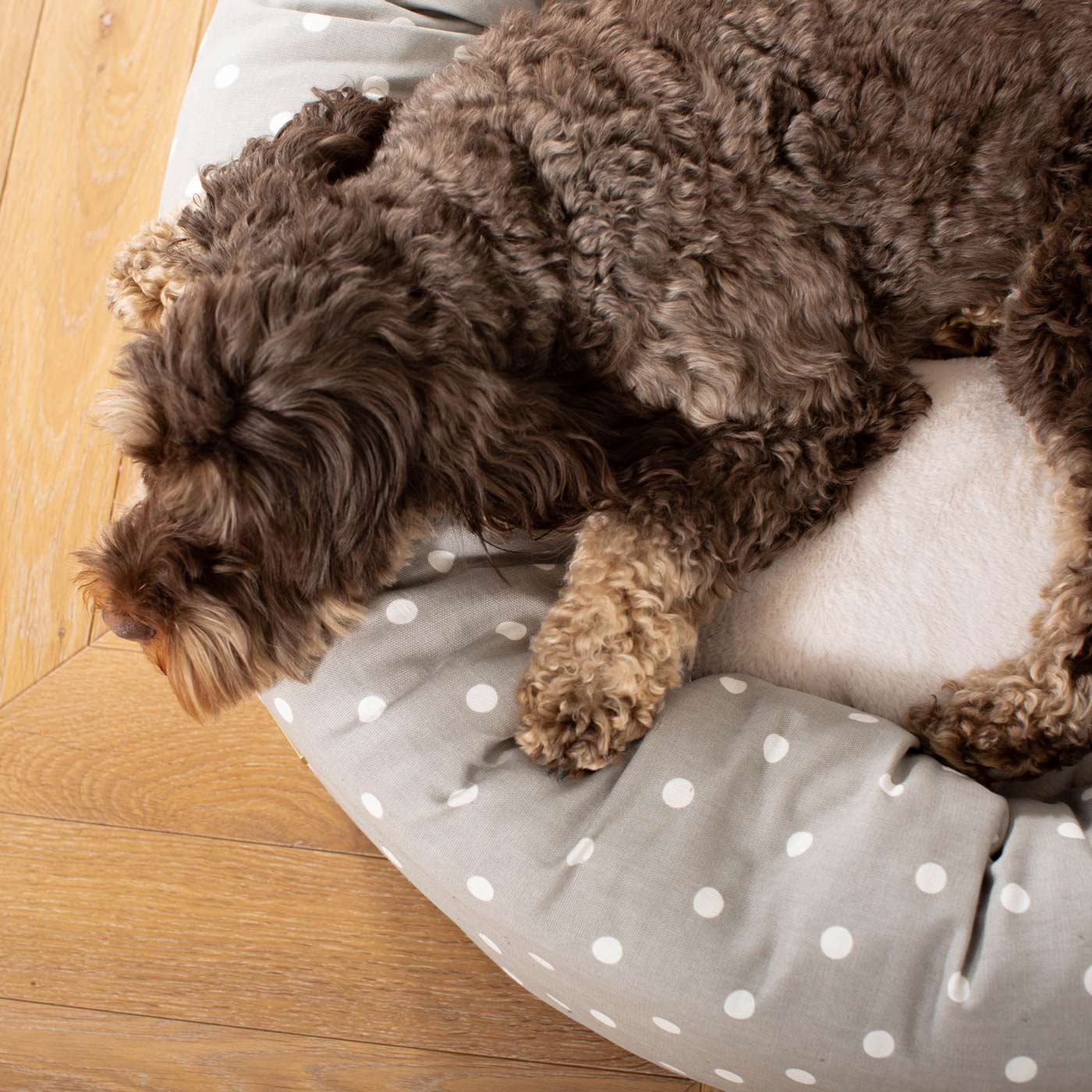 Discover Our Handmade Luxury Donut Dog Bed, In Grey Spot, The Perfect Choice For Puppies Available Now at Lords & Labradors US