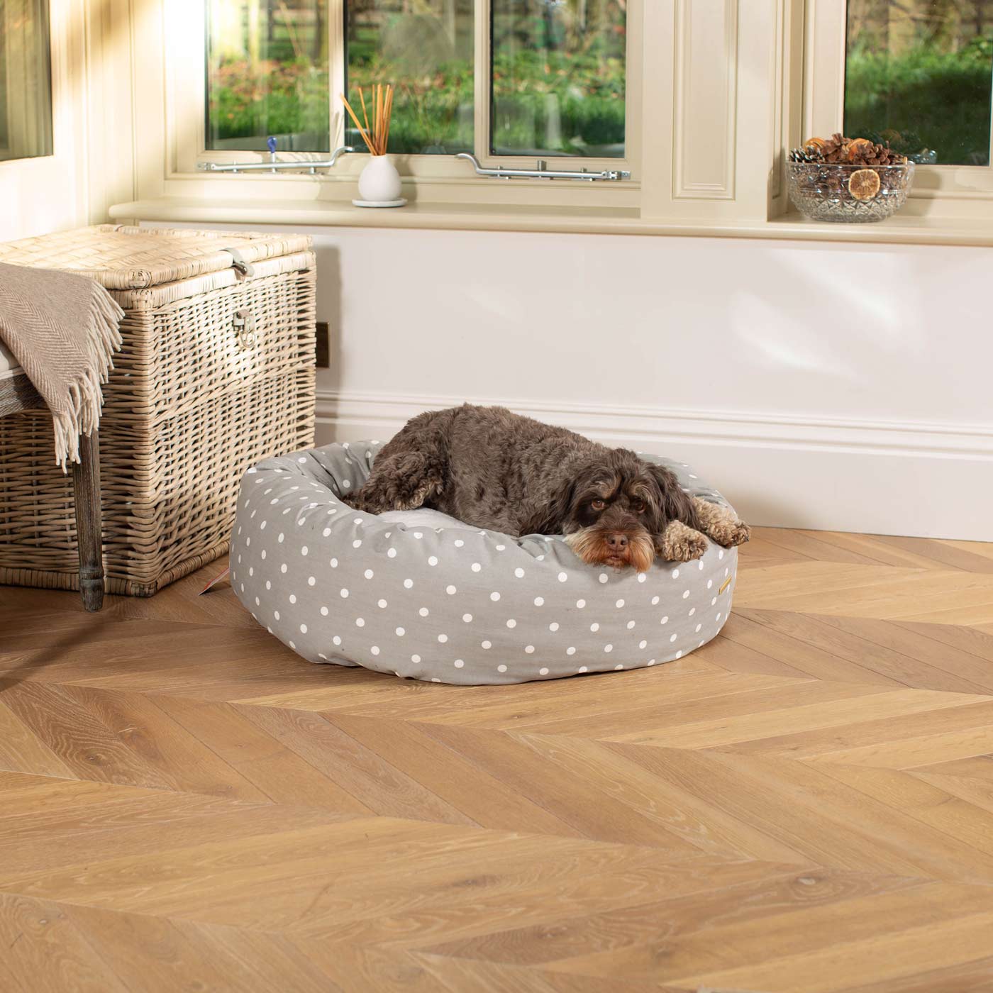 Discover Our Handmade Luxury Donut Dog Bed, In Grey Spot, The Perfect Choice For Puppies Available Now at Lords & Labradors US