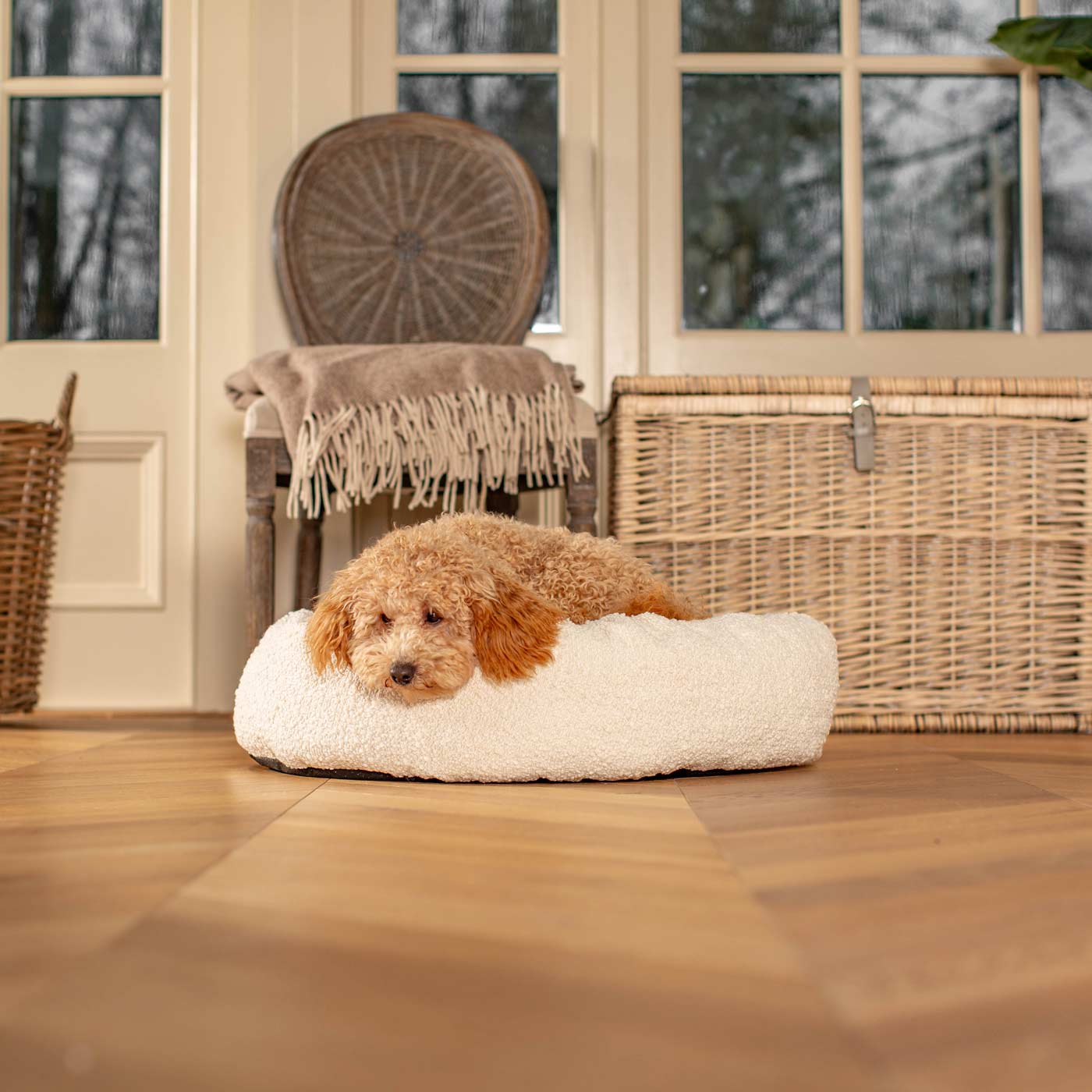 Discover Our Handmade Luxury Donut Dog Bed, In Ivory Bouclé, The Perfect Choice For Puppies Available Now at Lords & Labradors US