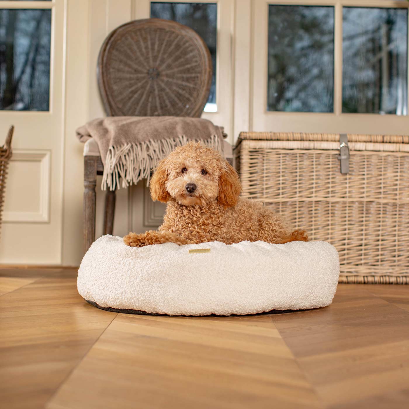 Discover Our Handmade Luxury Donut Dog Bed, In Ivory Bouclé, The Perfect Choice For Puppies Available Now at Lords & Labradors US