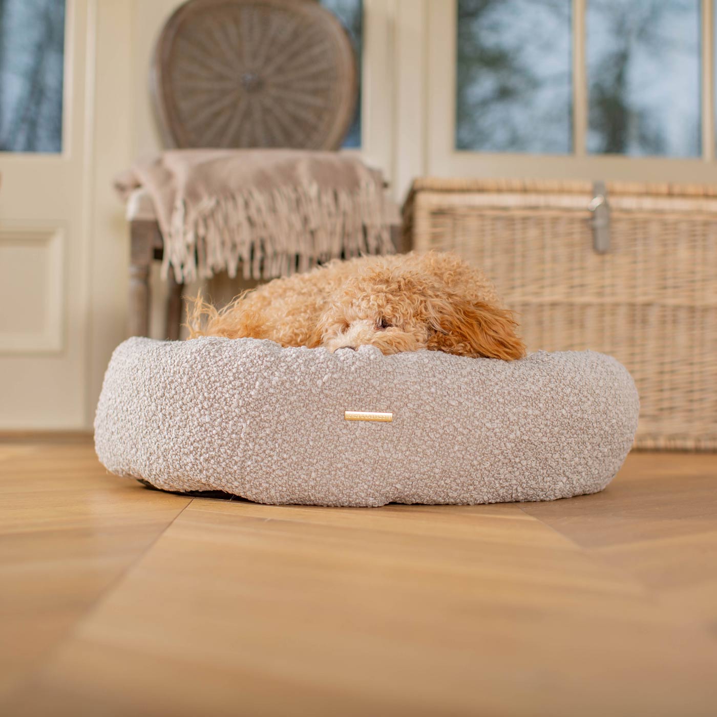 Discover Our Handmade Luxury Donut Dog Bed, In Mink Bouclé, The Perfect Choice For Puppies Available Now at Lords & Labradors US