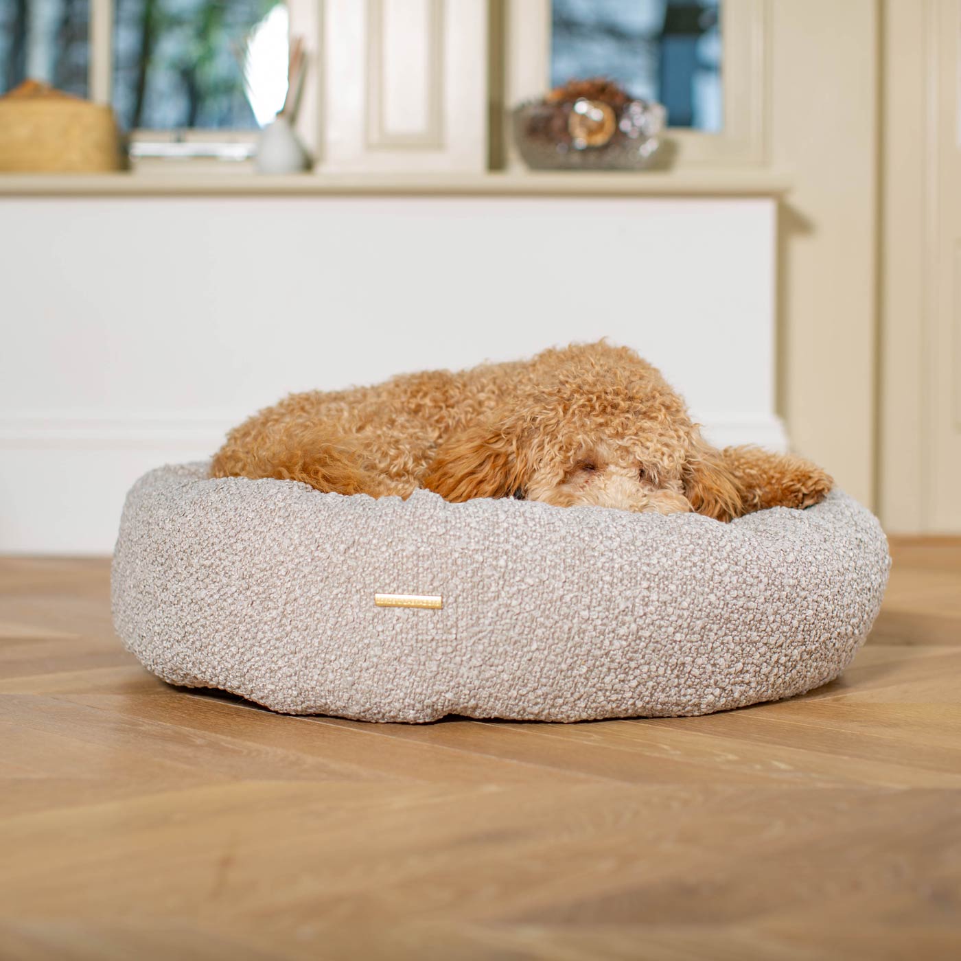 Discover Our Handmade Luxury Donut Dog Bed, In Mink Bouclé, The Perfect Choice For Puppies Available Now at Lords & Labradors US