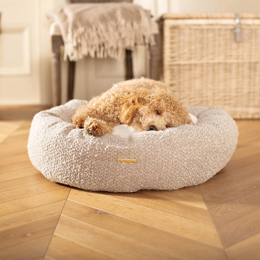 Discover Our Handmade Luxury Donut Dog Bed, In Mink Bouclé, The Perfect Choice For Puppies Available Now at Lords & Labradors US