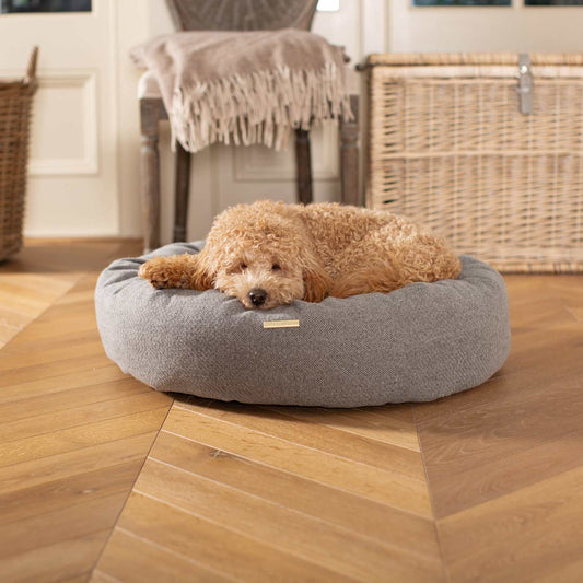 Discover Our Handmade Luxury Donut Dog Bed, In Pewter Herringbone Tweed, The Perfect Choice For Puppies Available Now at Lords & Labradors US