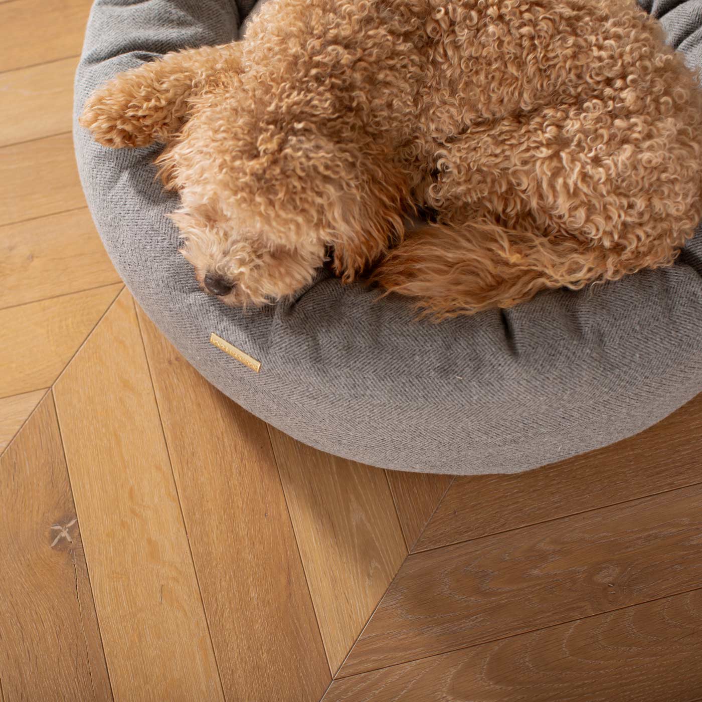 Discover Our Handmade Luxury Donut Dog Bed, In Pewter Herringbone Tweed, The Perfect Choice For Puppies Available Now at Lords & Labradors US