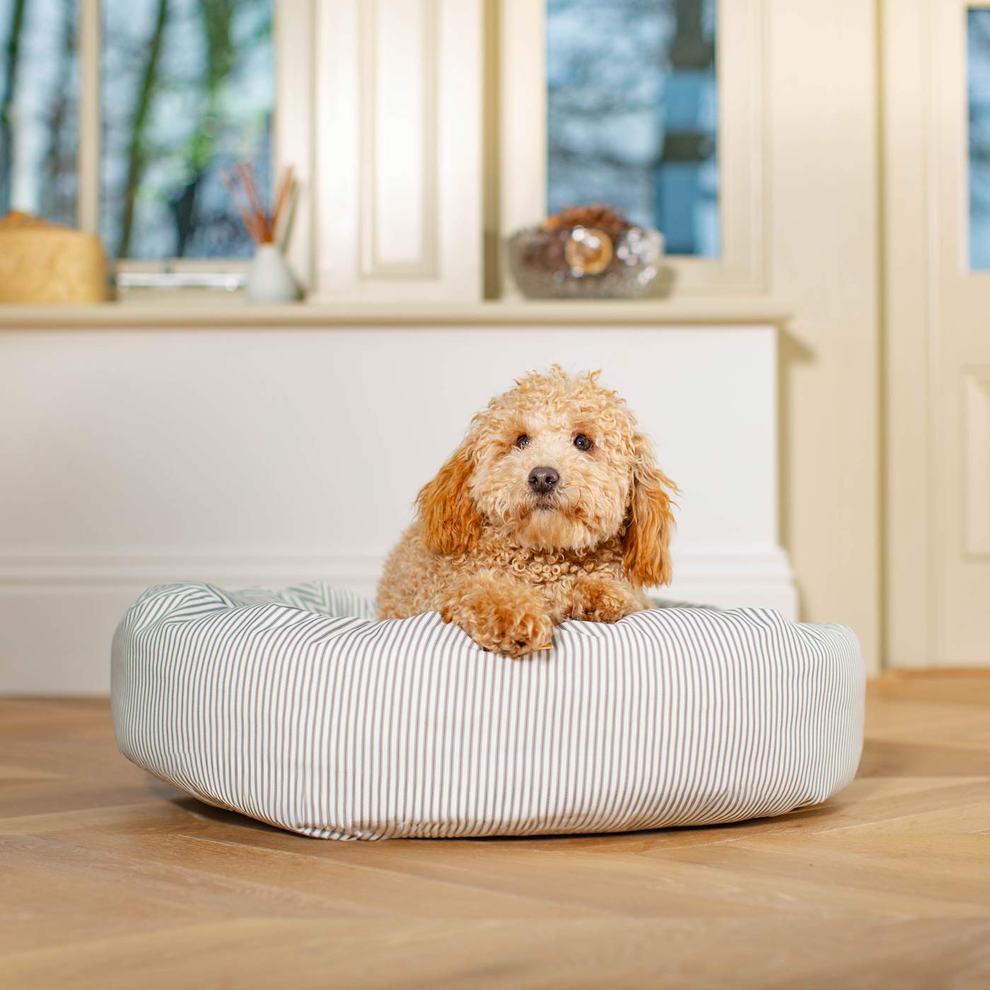 Discover Our Handmade Luxury Donut Dog Bed, In Regency Stripe, The Perfect Choice For Puppies Available Now at Lords & Labradors US