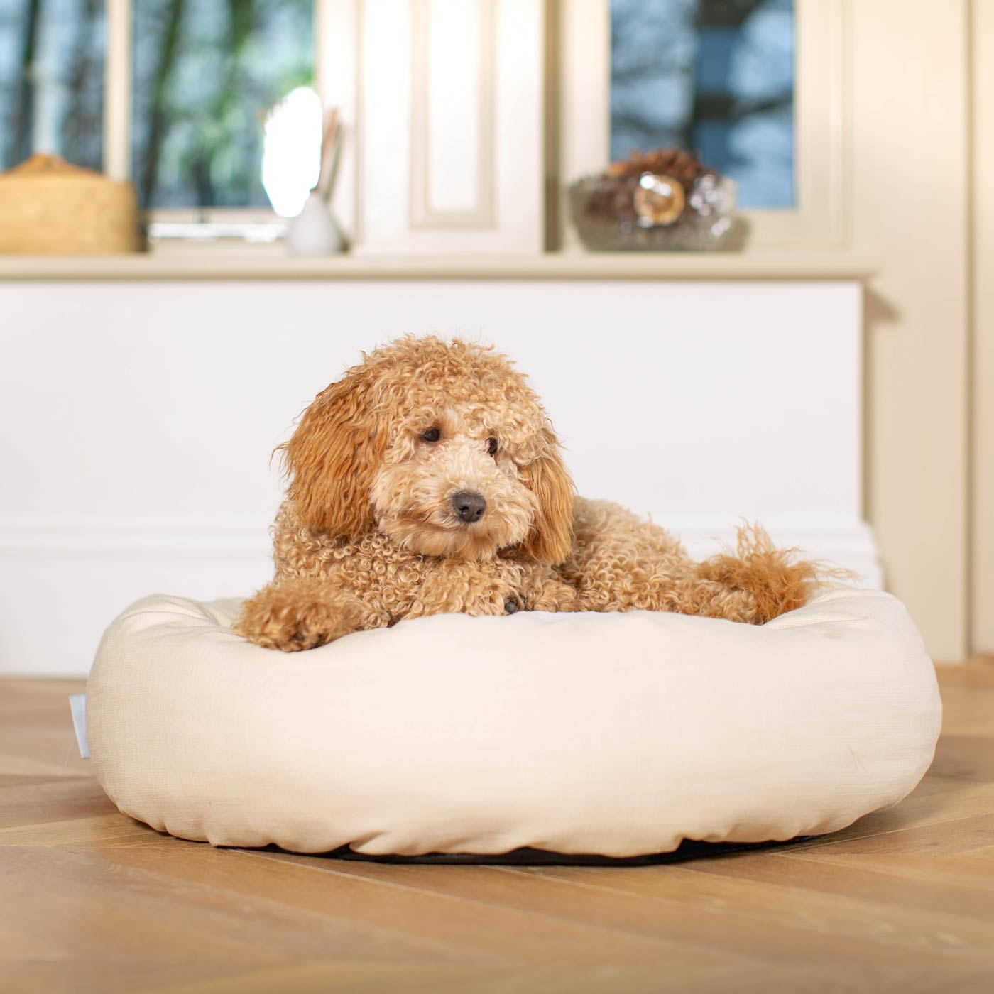 Discover Our Handmade Luxury Donut Dog Bed, In Savanna Bone, The Perfect Choice For Puppies Available Now at Lords & Labradors US