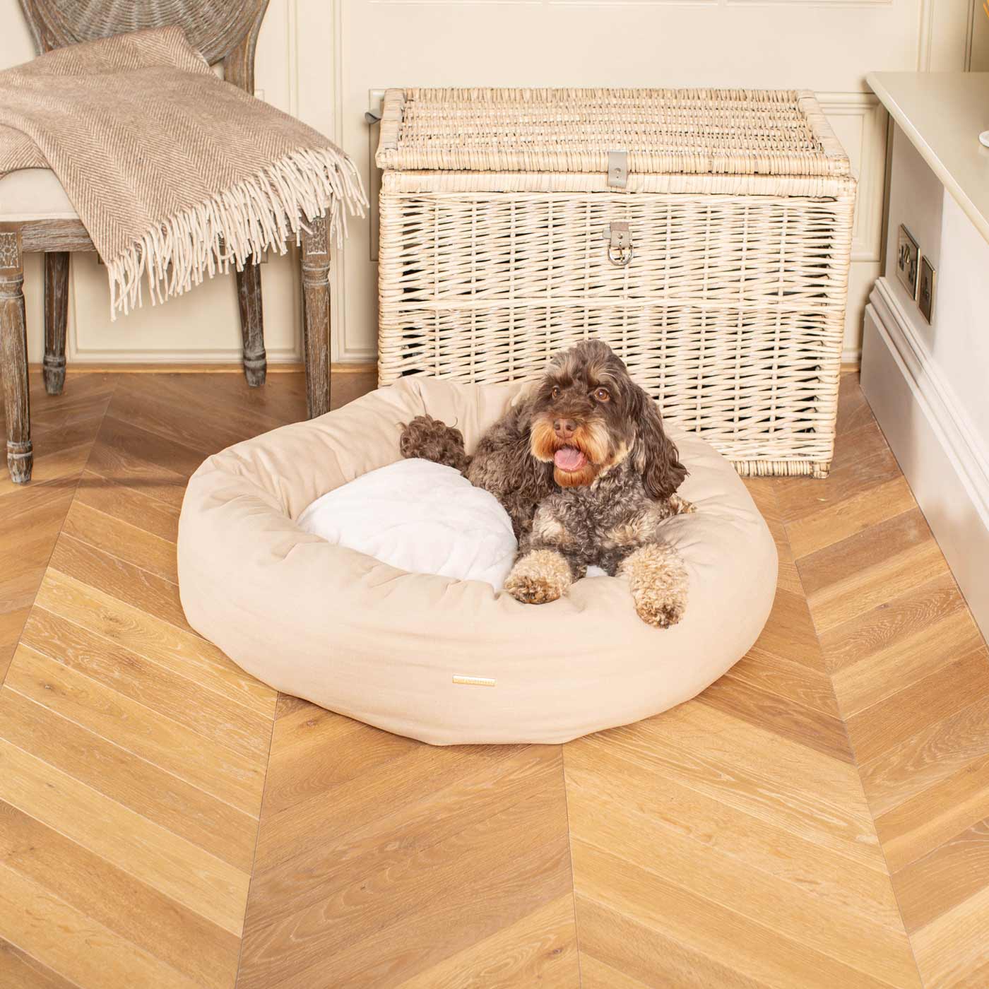 Discover Our Handmade Luxury Donut Dog Bed, In Savanna Oatmeal, The Perfect Choice For Puppies Available Now at Lords & Labradors US
