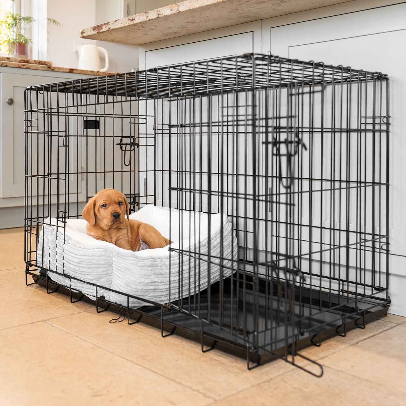 Cozy & Calm Puppy Cage Bed, The Perfect Dog Cage Accessory For The Ultimate Dog Den! In Stunning Light Grey Essentials Plush! Available To Personalize at Lords & Labradors US