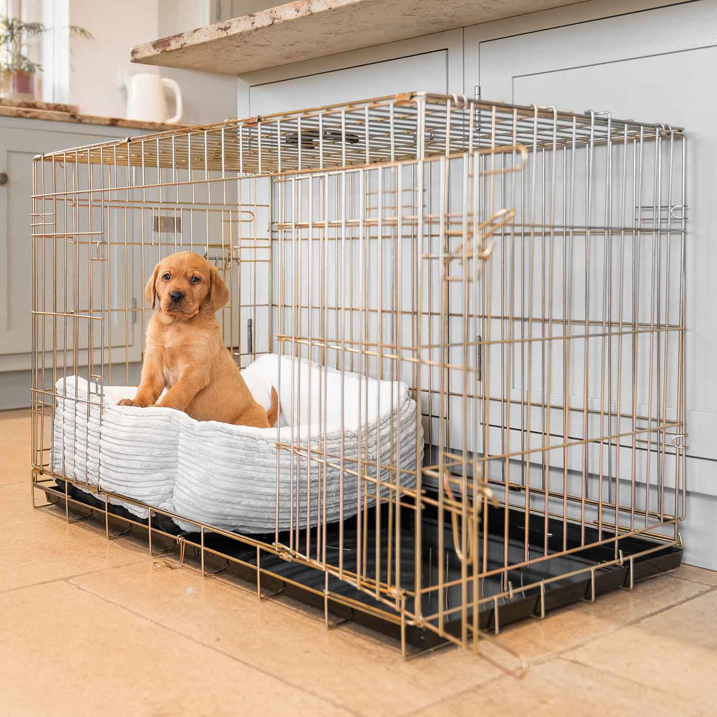 Cozy & Calm Puppy Cage Bed, The Perfect Dog Cage Accessory For The Ultimate Dog Den! In Stunning Light Grey Essentials Plush! Available To Personalize at Lords & Labradors US