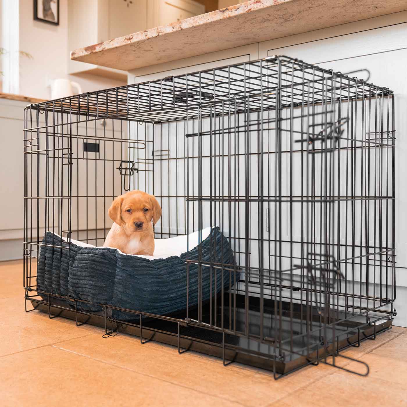 Cozy & Calm Puppy Cage Bed, The Perfect Dog Cage Accessory For The Ultimate Dog Den! In Stunning Navy Essentials Plush! Available To Personalize at Lords & Labradors US