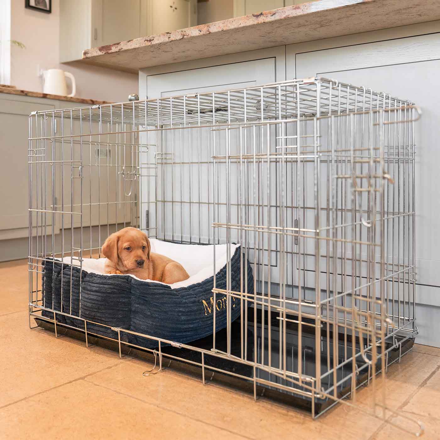 Cozy & Calm Puppy Cage Bed, The Perfect Dog Cage Accessory For The Ultimate Dog Den! In Stunning Navy Essentials Plush! Available To Personalize at Lords & Labradors US