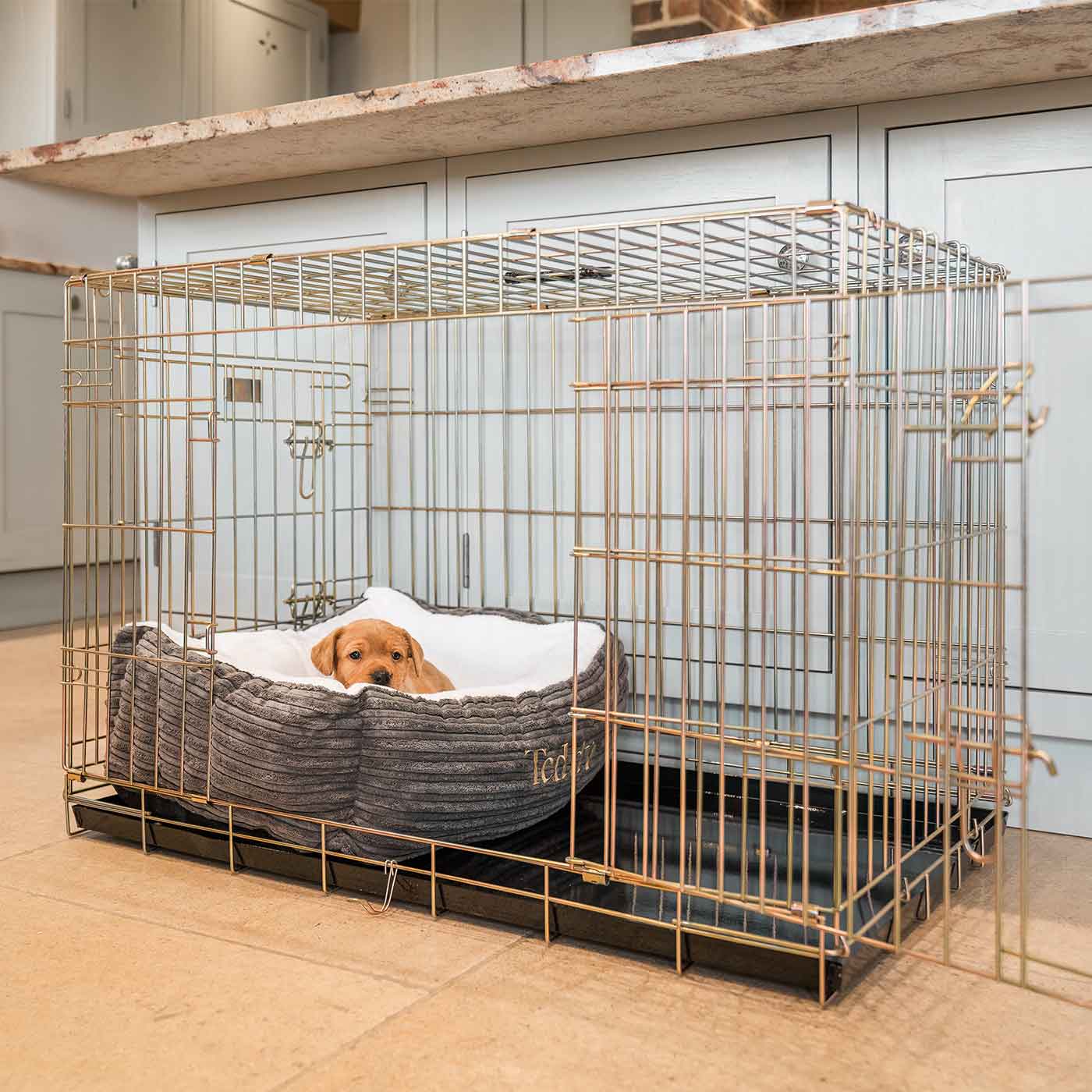 Cozy & Calm Puppy Cage Bed, The Perfect Dog Cage Accessory For The Ultimate Dog Den! In Stunning Dark Grey Essentials Plush! Available To Personalize at Lords & Labradors US