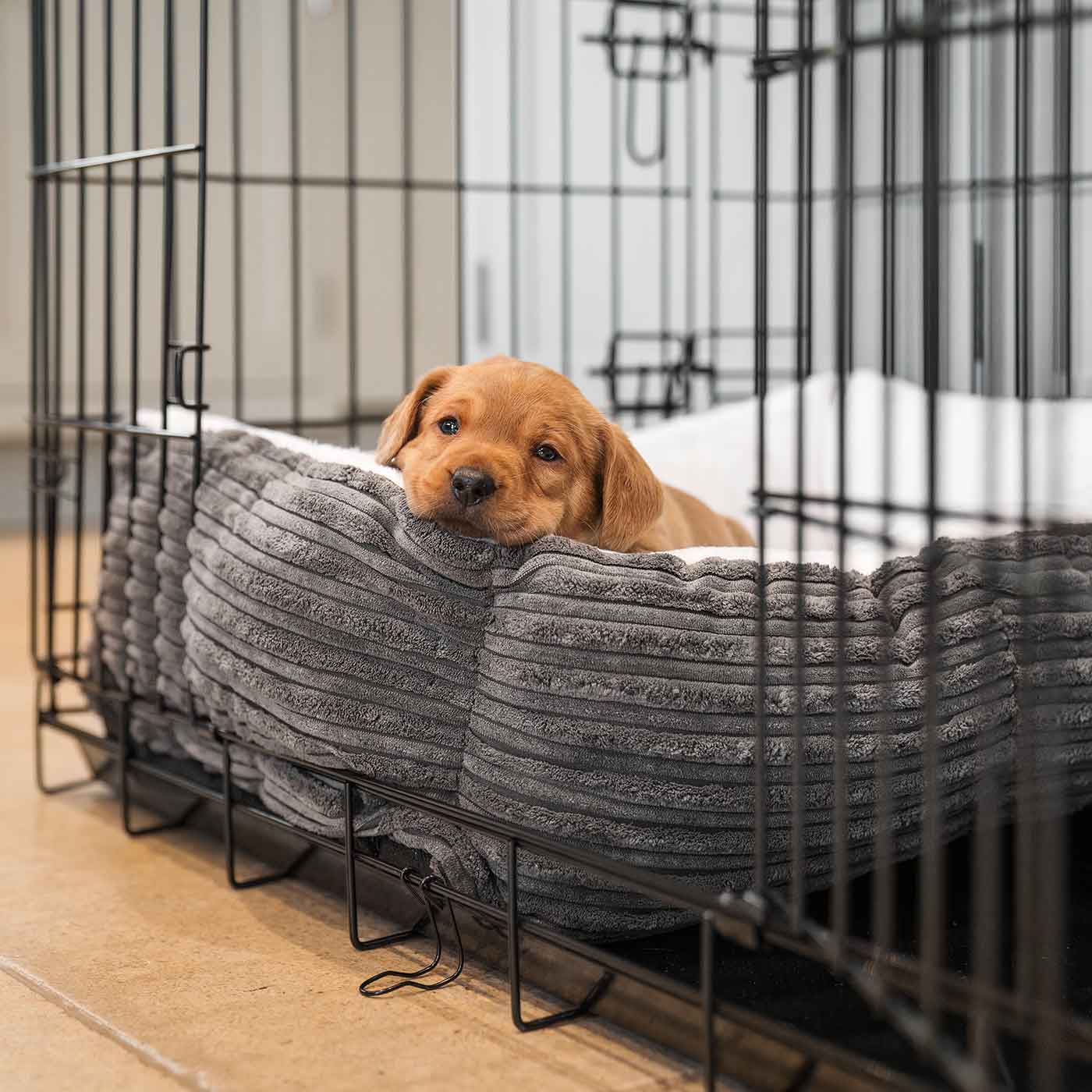 Cozy & Calm Puppy Cage Bed, The Perfect Dog Cage Accessory For The Ultimate Dog Den! In Stunning Dark Grey Essentials Plush! Available To Personalize at Lords & Labradors US