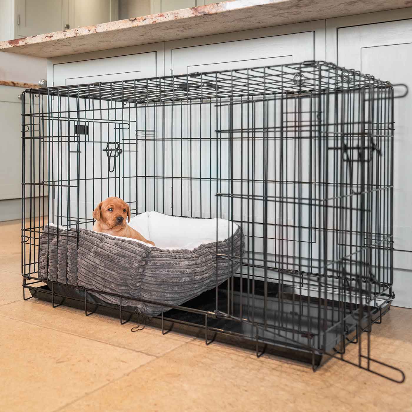Cozy & Calm Puppy Cage Bed, The Perfect Dog Cage Accessory For The Ultimate Dog Den! In Stunning Dark Grey Essentials Plush! Available To Personalize at Lords & Labradors US