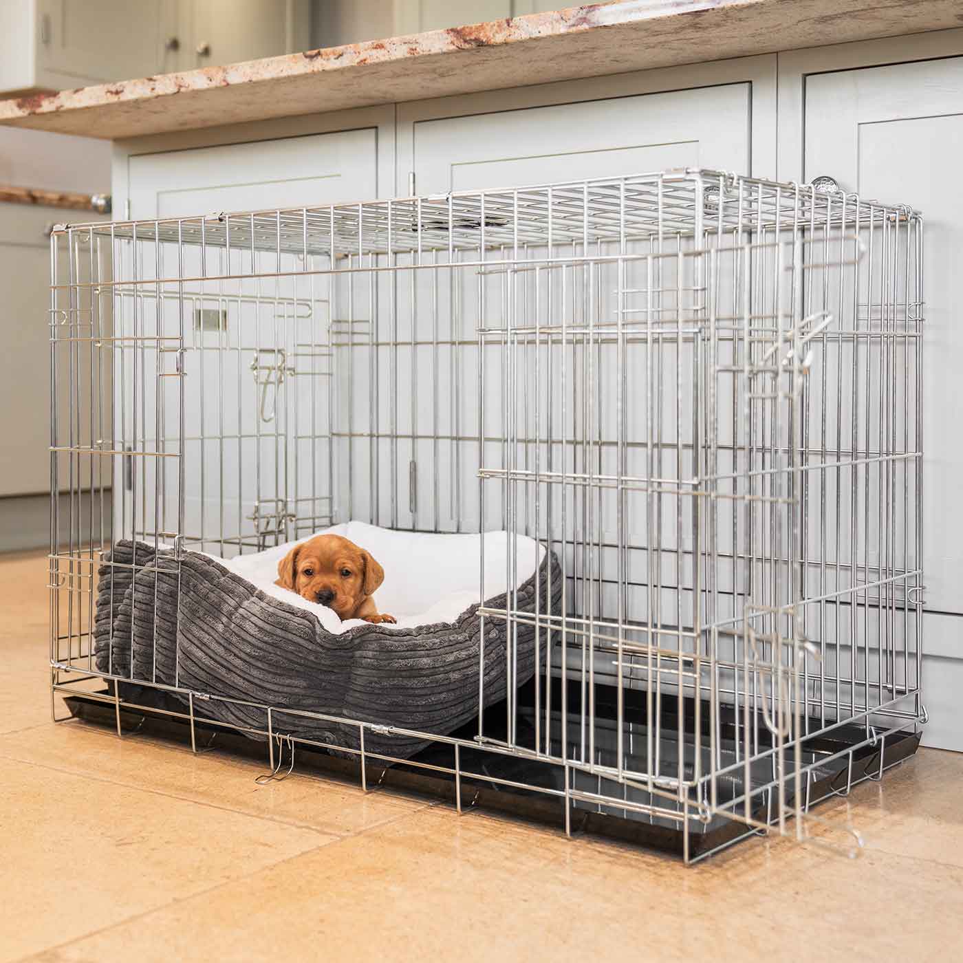 Cozy & Calm Puppy Cage Bed, The Perfect Dog Cage Accessory For The Ultimate Dog Den! In Stunning Dark Grey Essentials Plush! Available To Personalize at Lords & Labradors US