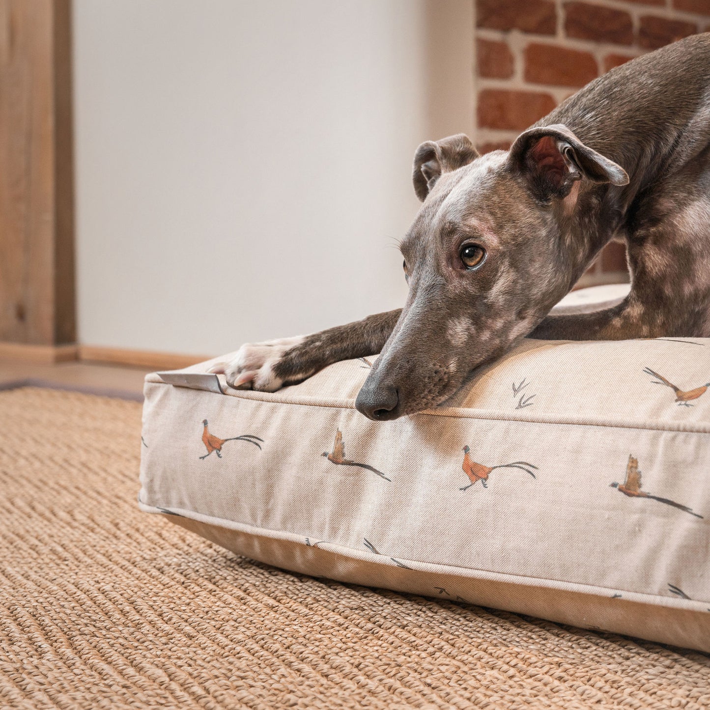 Luxury Dog Cushion, in Woodland Pheasant. Available For Pet Personalization, Handmade Here at Lords & Labradors US! Order The Perfect Pet Cushion Today For The Ultimate Burrow!