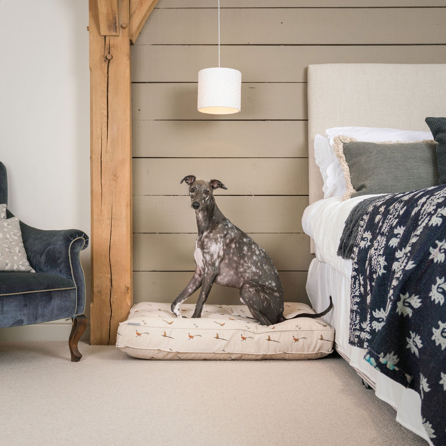 Luxury Dog Cushion, in Woodland Pheasant. Available For Pet Personalization, Handmade Here at Lords & Labradors US! Order The Perfect Pet Cushion Today For The Ultimate Burrow!