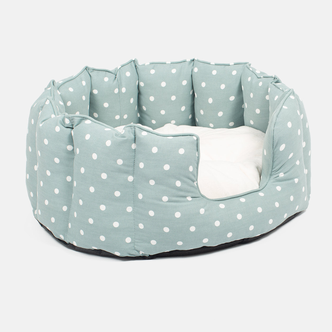 Discover Our Luxurious High Wall Bed For Dogs & Puppies, Featuring Reversible Inner Cushion With Teddy Fleece To Craft The Perfect Dog Bed In Stunning Duck Egg Spot! Available To Personalize Now at Lords & Labradors US