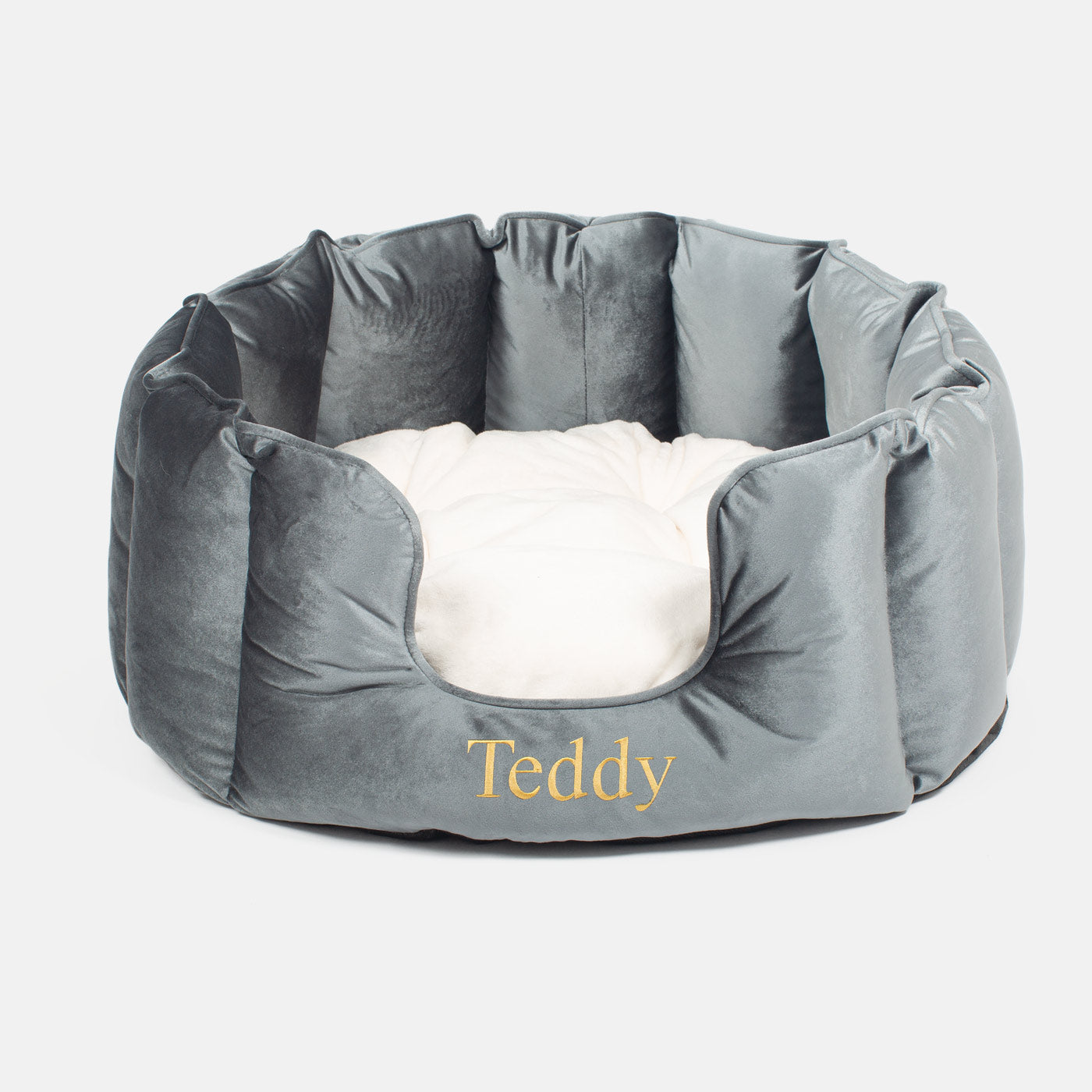 Discover Our Luxurious High Wall Velvet Bed For Dogs, Featuring inner pillow with plush teddy fleece on one side To Craft The Perfect Dogs Bed In Stunning Elephant Velvet! Available To Personalize Now at Lords & Labradors US