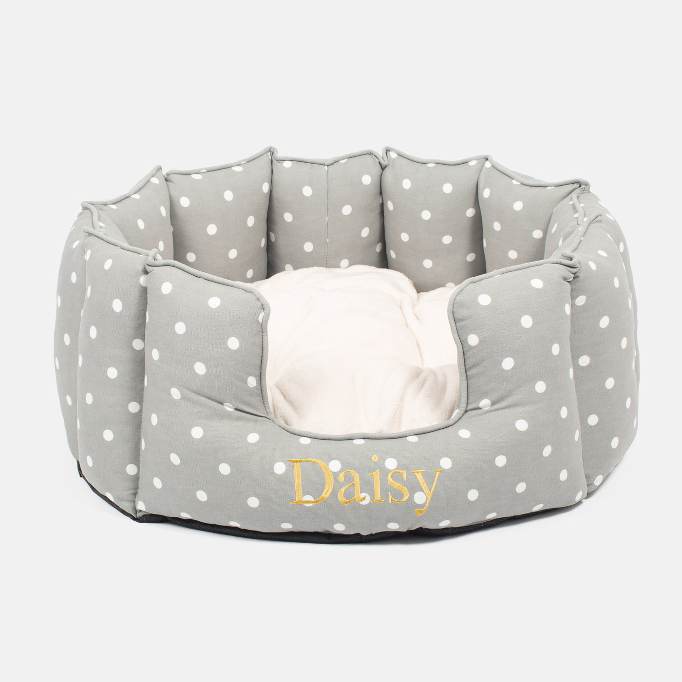 Discover Our Luxurious High Wall Bed For Dogs & Puppies, Featuring Reversible Inner Cushion With Teddy Fleece To Craft The Perfect Dog Bed In Stunning Grey Spot! Available To Personalize Now at Lords & Labradors US