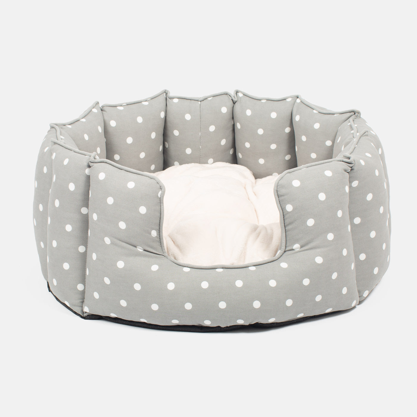 Discover Our Luxurious High Wall Bed For Dogs & Puppies, Featuring Reversible Inner Cushion With Teddy Fleece To Craft The Perfect Dog Bed In Stunning Grey Spot! Available To Personalize Now at Lords & Labradors US