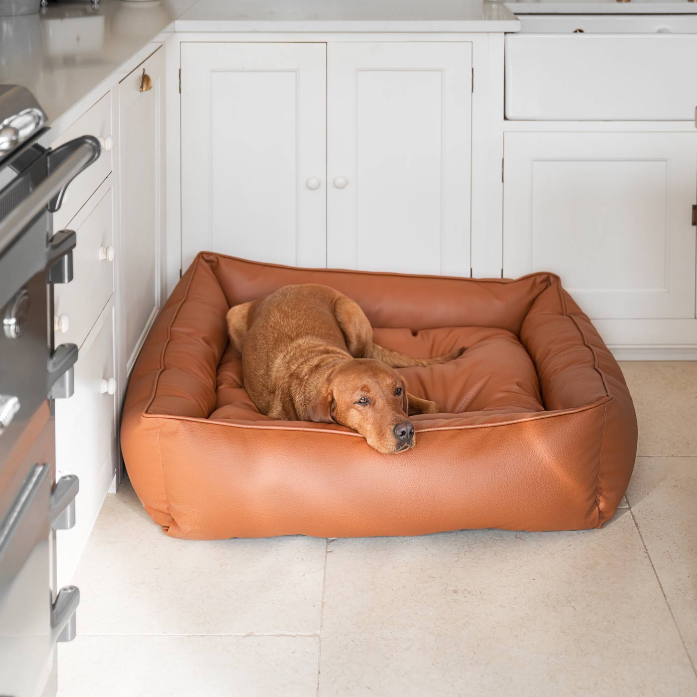 Luxury Handmade Box Bed in Rhino Tough Desert Faux Leather, in Ember, Perfect For Your Pets Nap Time! Available To Personalize at Lords & Labradors US
