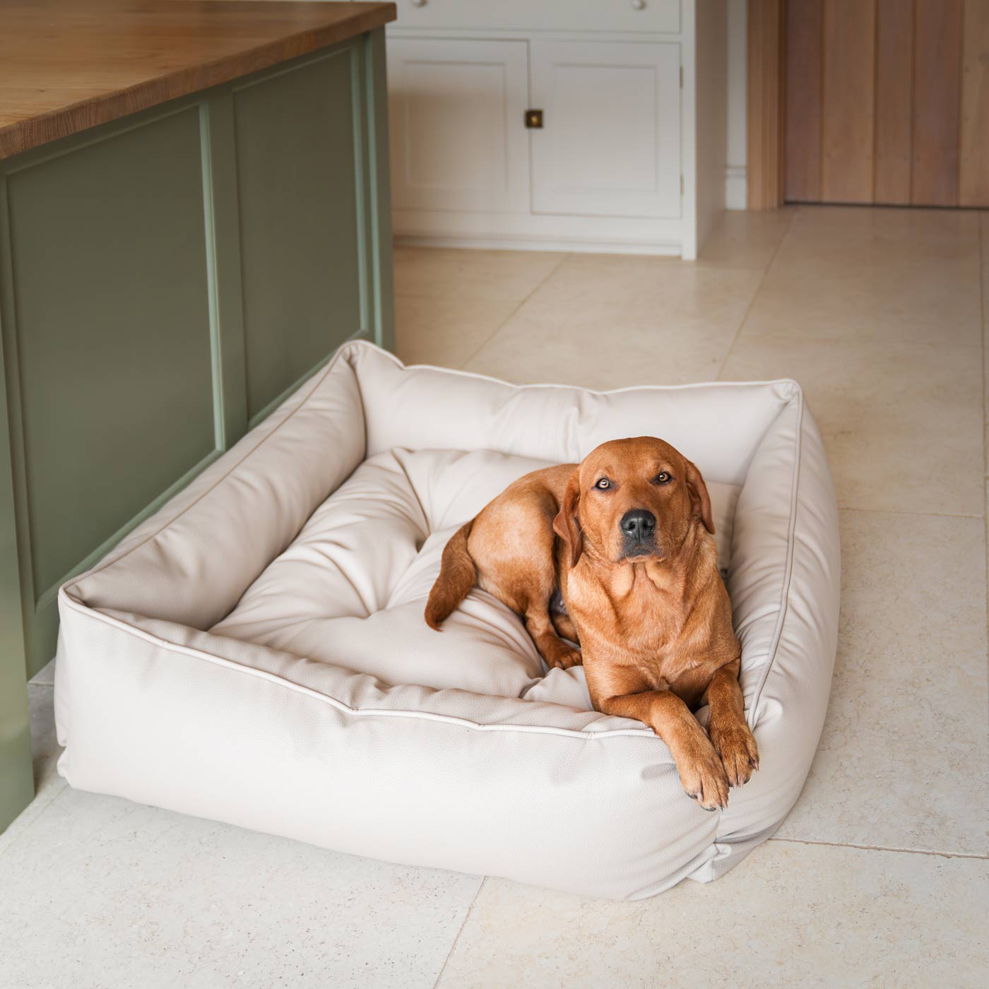 Luxury Handmade Box Bed in Rhino Tough Desert Faux Leather, in Sand, Perfect For Your Pets Nap Time! Available To Personalize at Lords & Labradors US