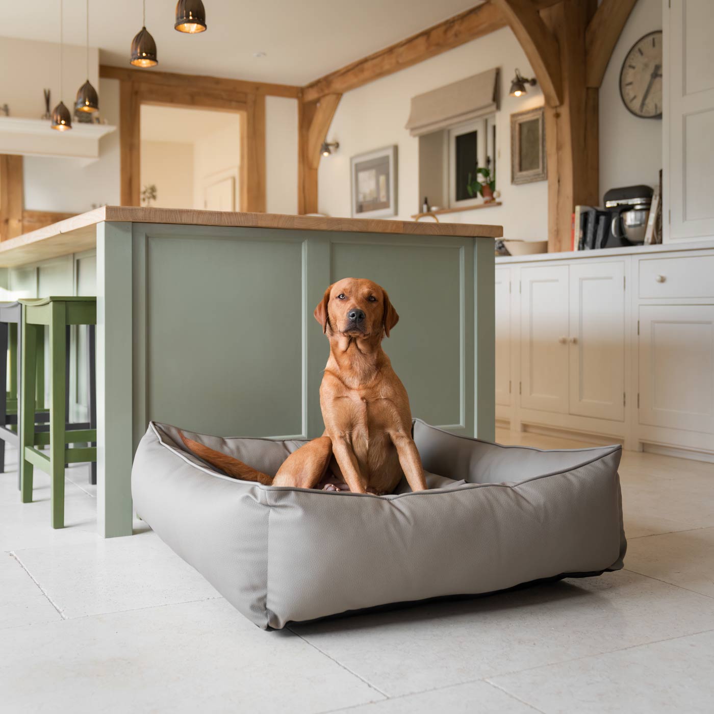 Luxury Handmade Box Bed in Rhino Tough Desert Faux Leather, in Camel, Perfect For Your Pets Nap Time! Available To Personalize at Lords & Labradors US