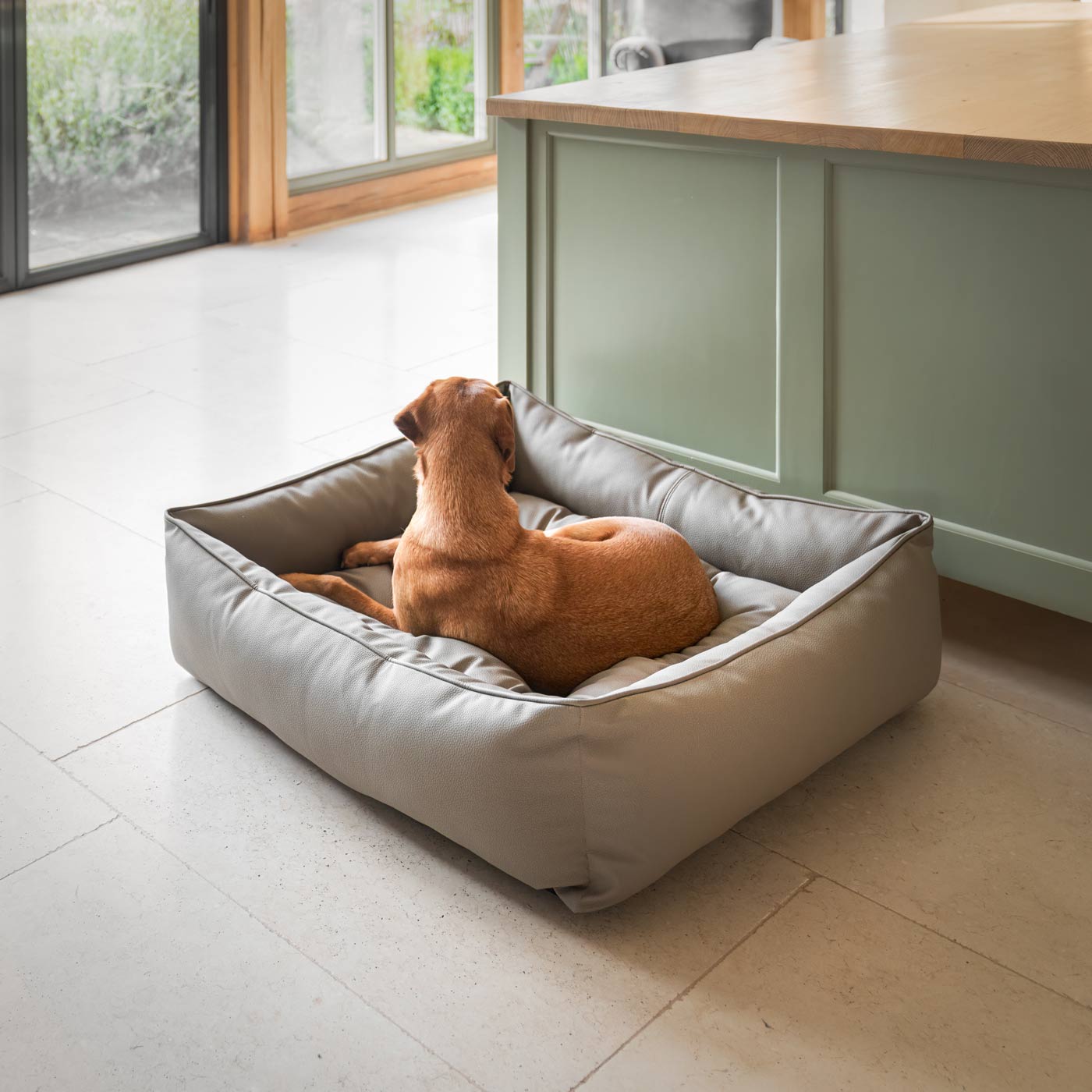Luxury Handmade Box Bed in Rhino Tough Desert Faux Leather, in Camel, Perfect For Your Pets Nap Time! Available To Personalize at Lords & Labradors US