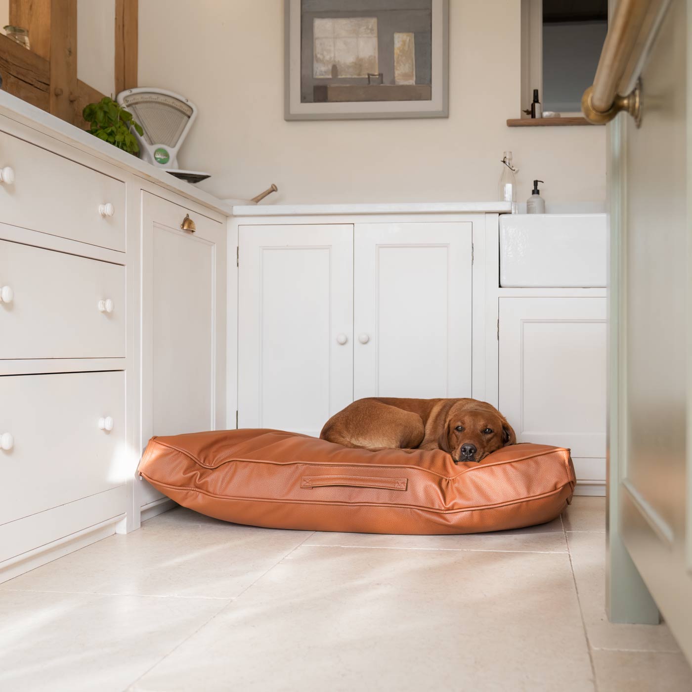 Luxury Dog Cushion in Rhino Tough Desert Faux Leather in Ember. The Perfect Pet Bed Time Accessory! Available Now at Lords & Labradors US