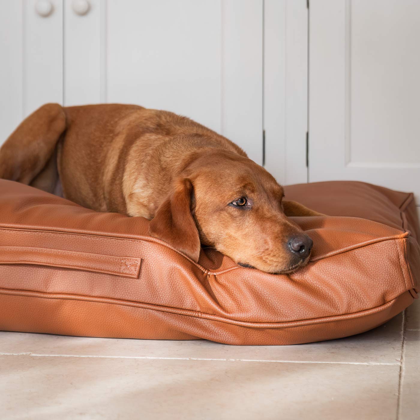 Luxury Dog Cushion in Rhino Tough Desert Faux Leather in Ember. The Perfect Pet Bed Time Accessory! Available Now at Lords & Labradors US