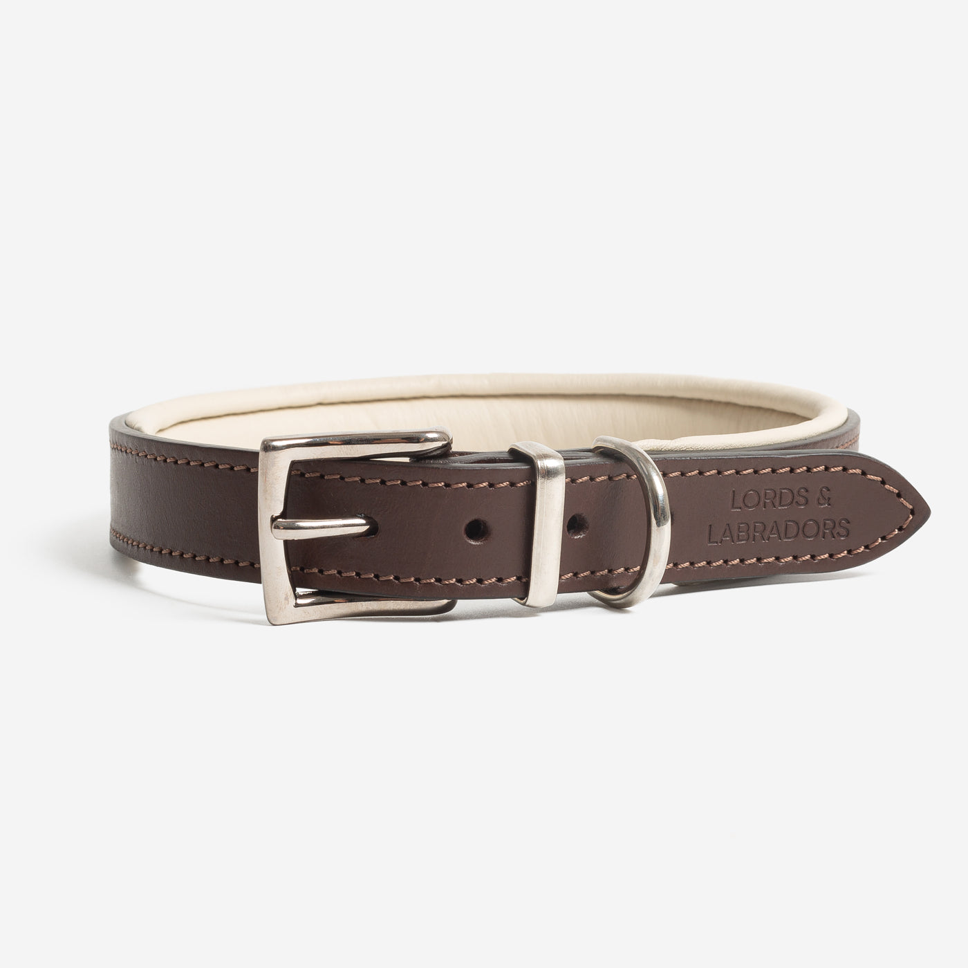 Discover dog walking luxury with our handcrafted Italian padded leather dog collar in Brown & Cream! The perfect collar for dogs available now at Lords & Labradors US