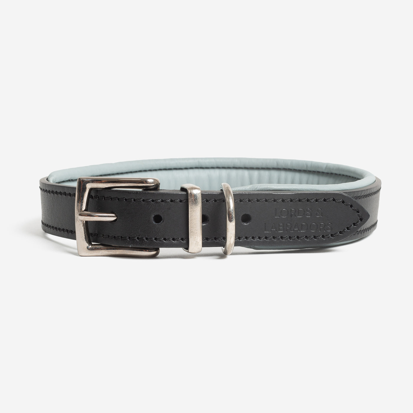 Discover dog walking luxury with our handcrafted Italian padded leather dog collar in Black & Grey! The perfect collar for dogs available now at Lords & Labradors US