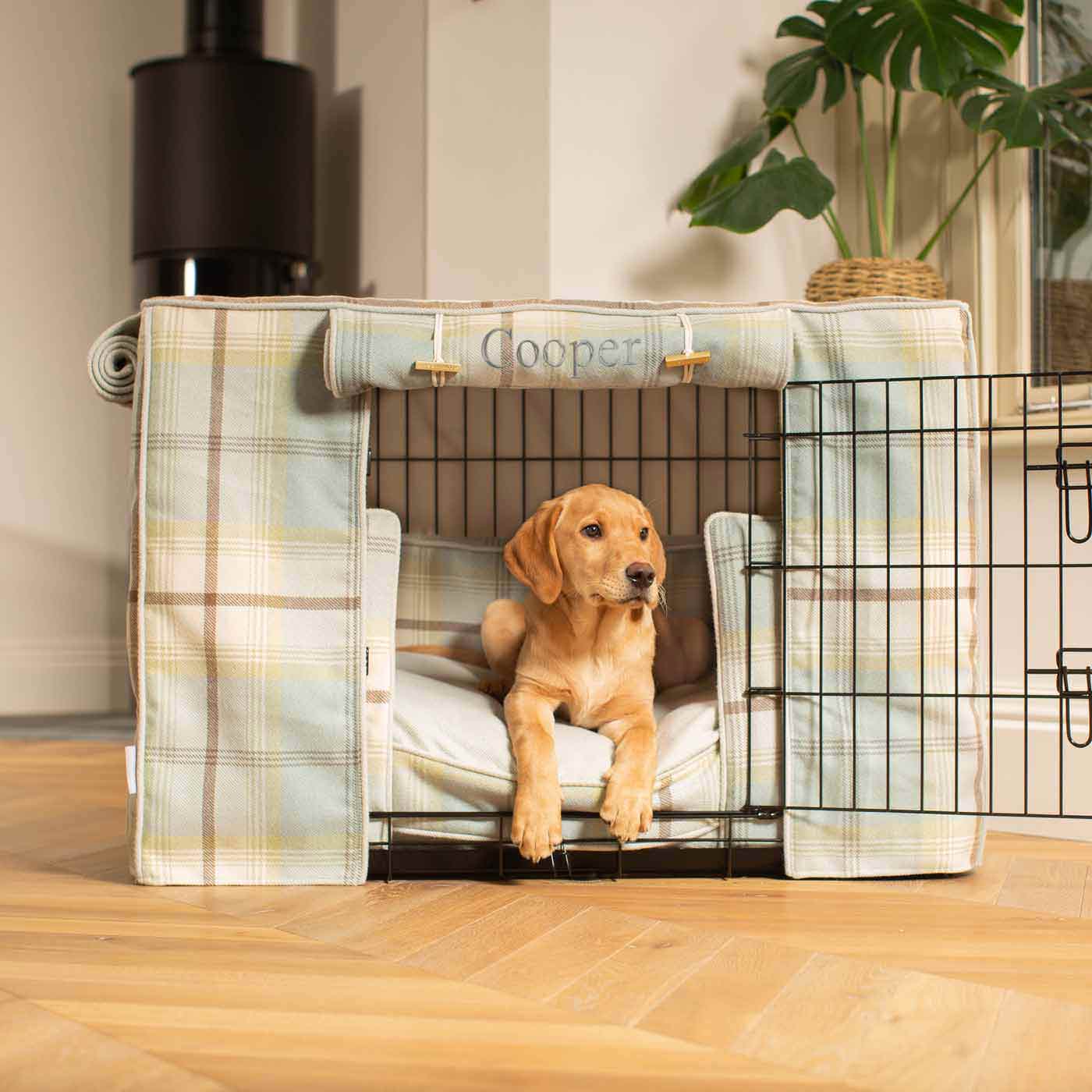 Luxury Heavy Duty Dog Cage, In Stunning Balmoral Duck Egg Tweed Cage Set, The Perfect Dog Cage Set For Building The Ultimate Pet Den! Dog Cage Cover Available To Personalize at Lords & Labradors US