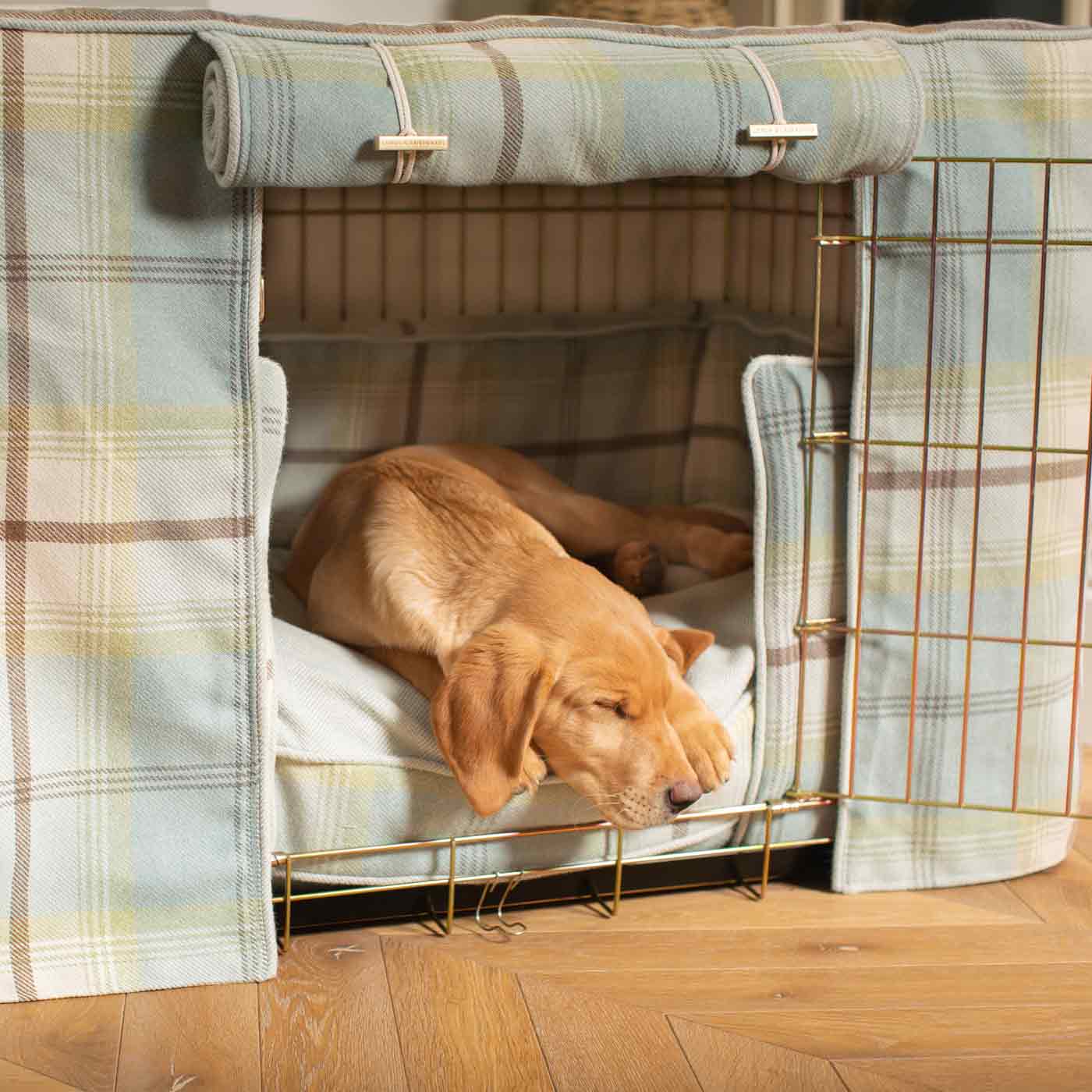 Luxury Heavy Duty Dog Cage, In Stunning Balmoral Duck Egg Tweed Cage Set, The Perfect Dog Cage Set For Building The Ultimate Pet Den! Dog Cage Cover Available To Personalize at Lords & Labradors US