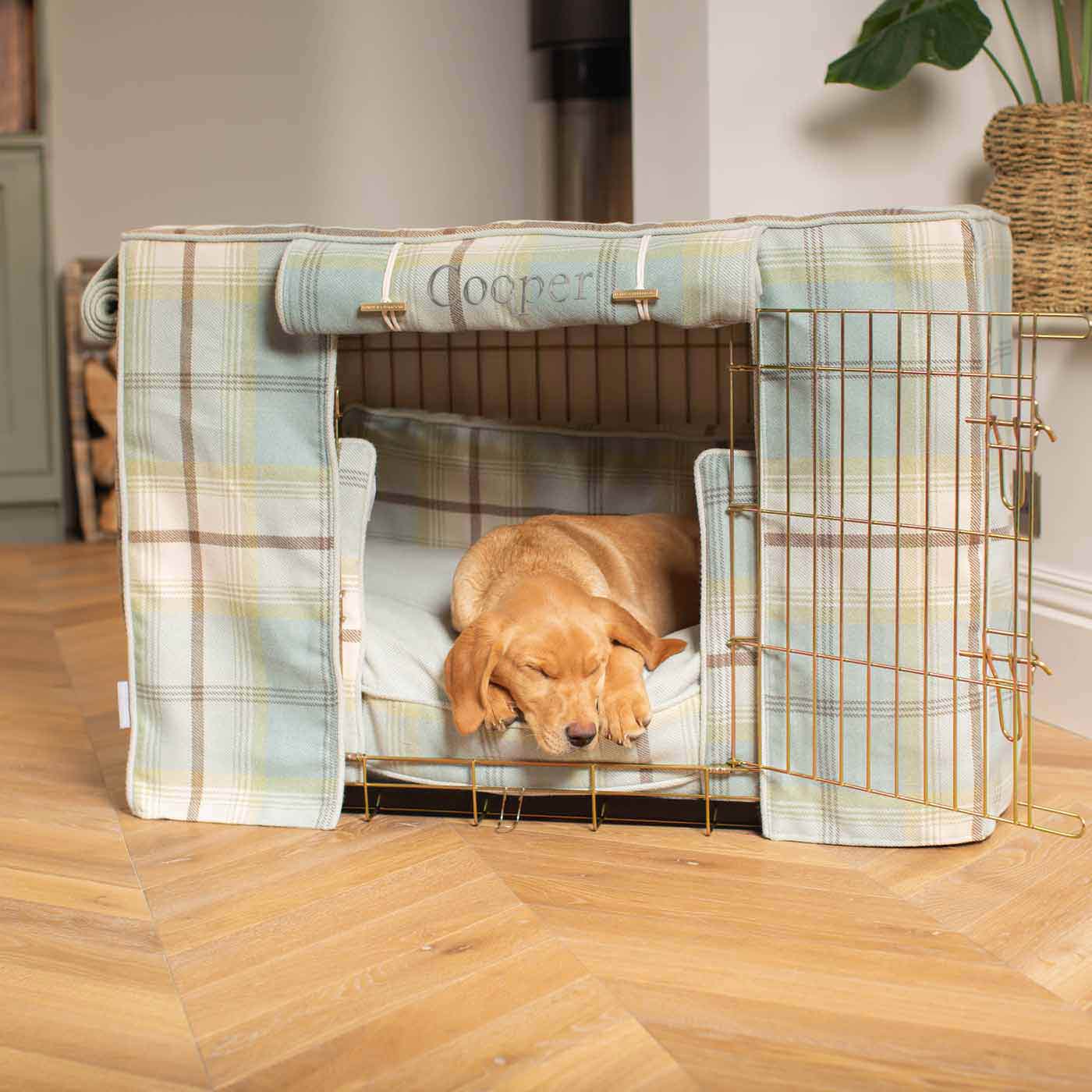 Luxury Heavy Duty Dog Cage, In Stunning Balmoral Duck Egg Tweed Cage Set, The Perfect Dog Cage Set For Building The Ultimate Pet Den! Dog Cage Cover Available To Personalize at Lords & Labradors US