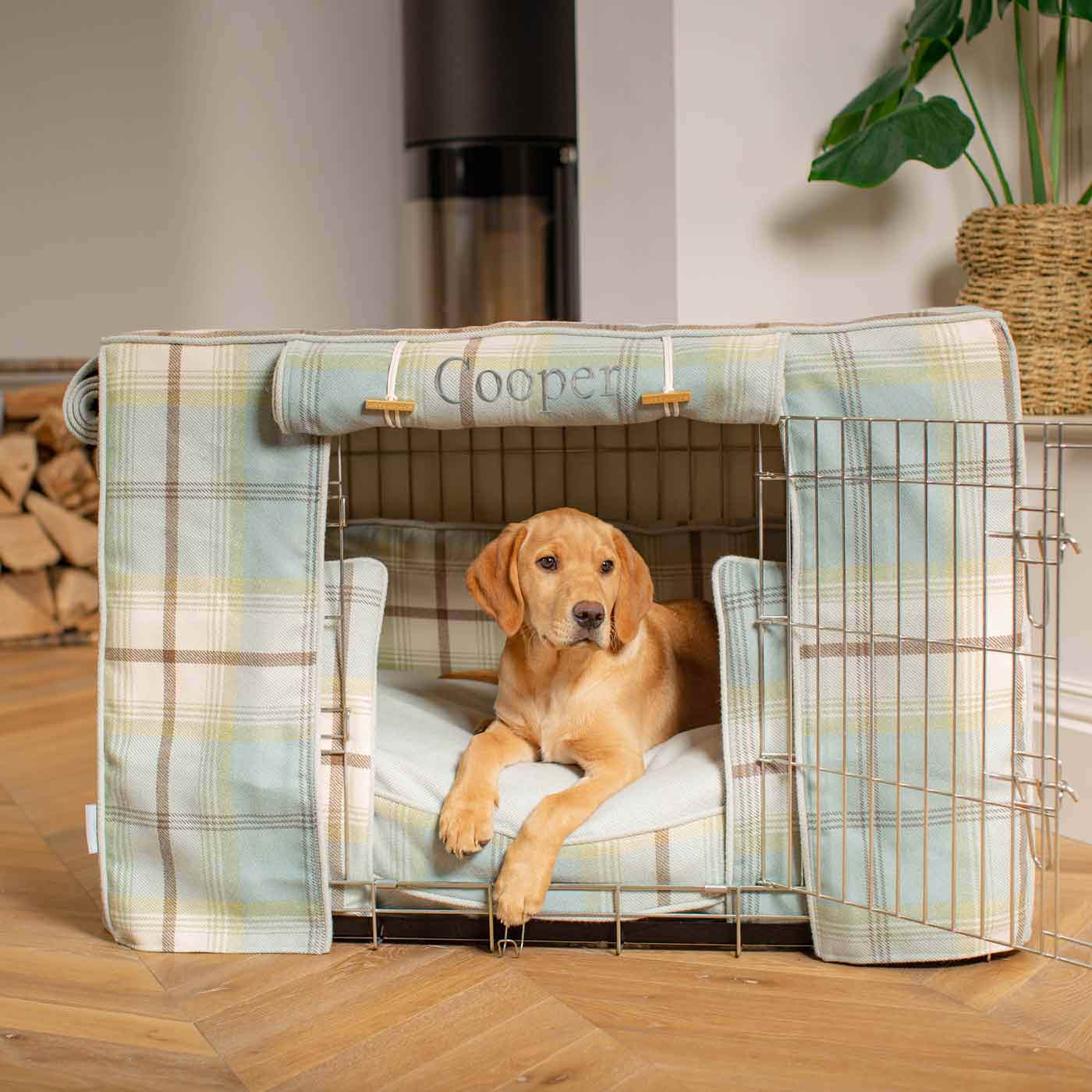 Luxury Heavy Duty Dog Cage, In Stunning Balmoral Duck Egg Tweed Cage Set, The Perfect Dog Cage Set For Building The Ultimate Pet Den! Dog Cage Cover Available To Personalize at Lords & Labradors US
