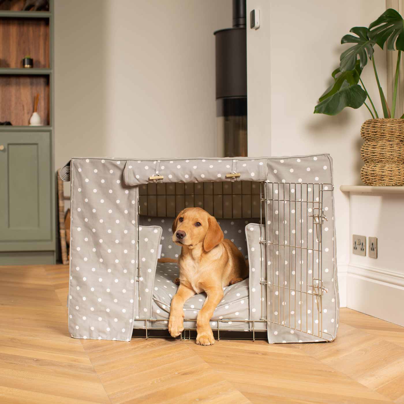 Luxury Silver Dog Cage Set With Cushion, Bumper and Cage Cover. The Perfect Dog Cage For The Ultimate Naptime, Available Now at Lords & Labradors US