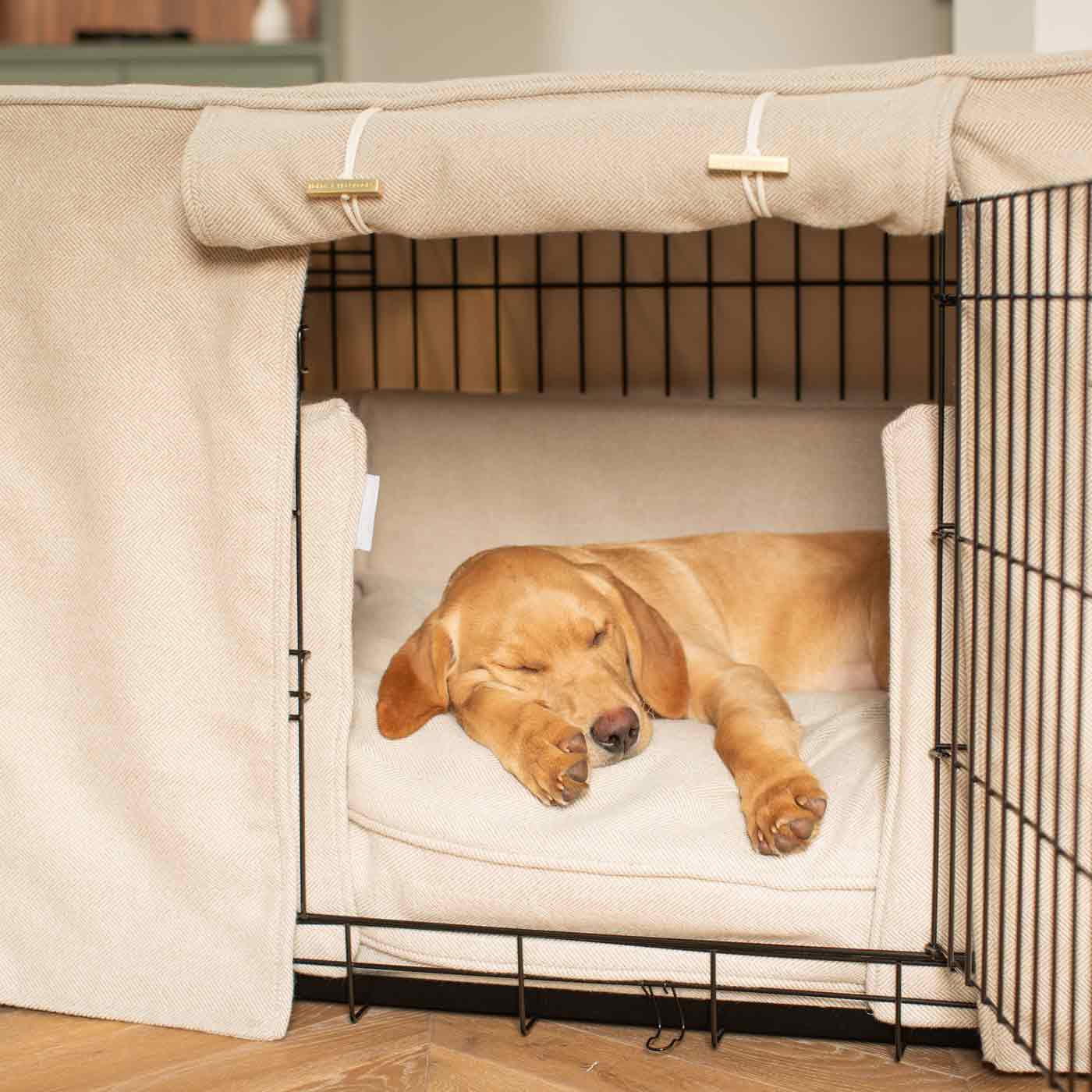 Luxury Heavy Duty Dog Cage, In Stunning Natural Herringbone Tweed Cage Set, The Perfect Dog Cage Set For Building The Ultimate Pet Den! Dog Cage Cover Available To Personalize at Lords & Labradors US