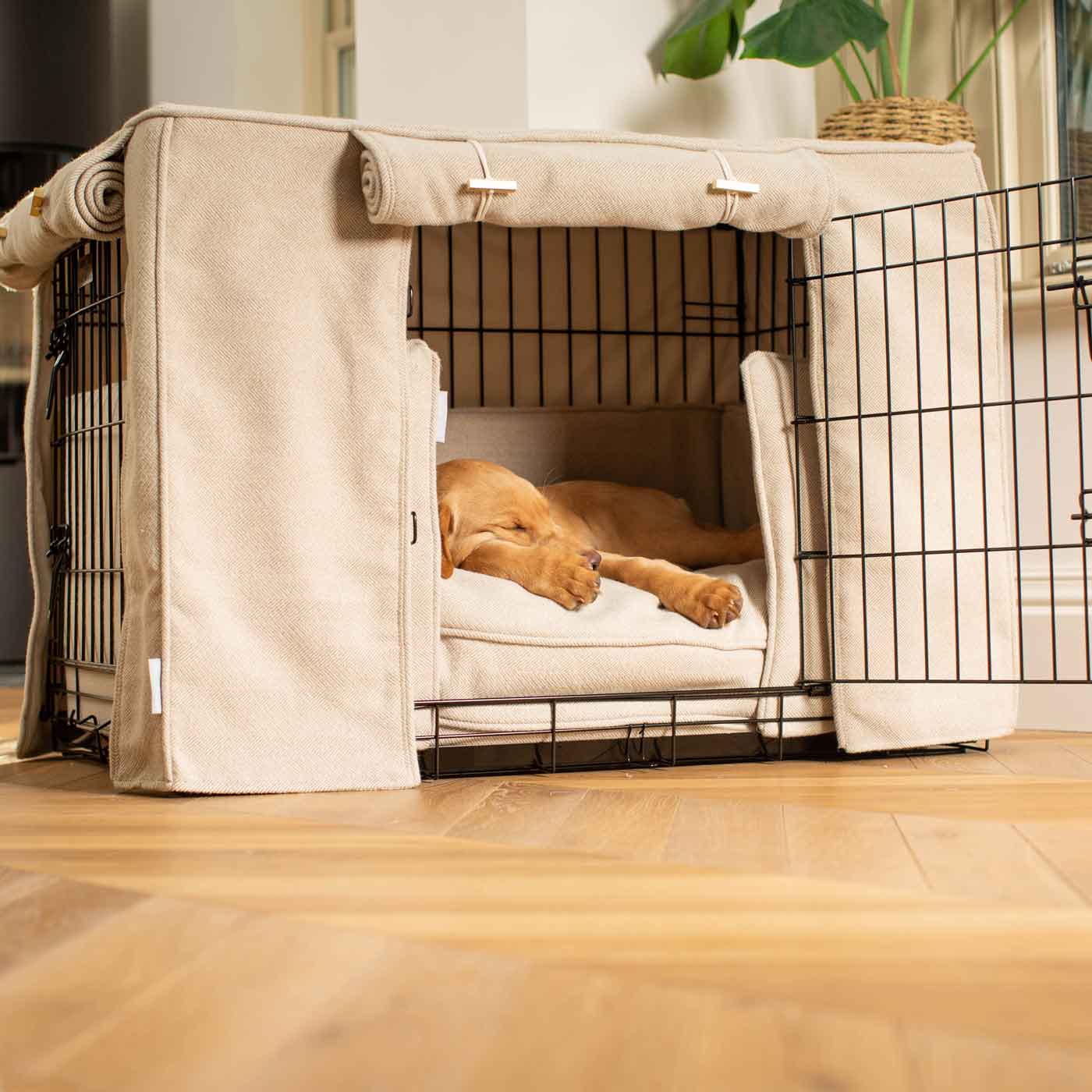 Luxury Heavy Duty Dog Cage, In Stunning Natural Herringbone Tweed Cage Set, The Perfect Dog Cage Set For Building The Ultimate Pet Den! Dog Cage Cover Available To Personalize at Lords & Labradors US