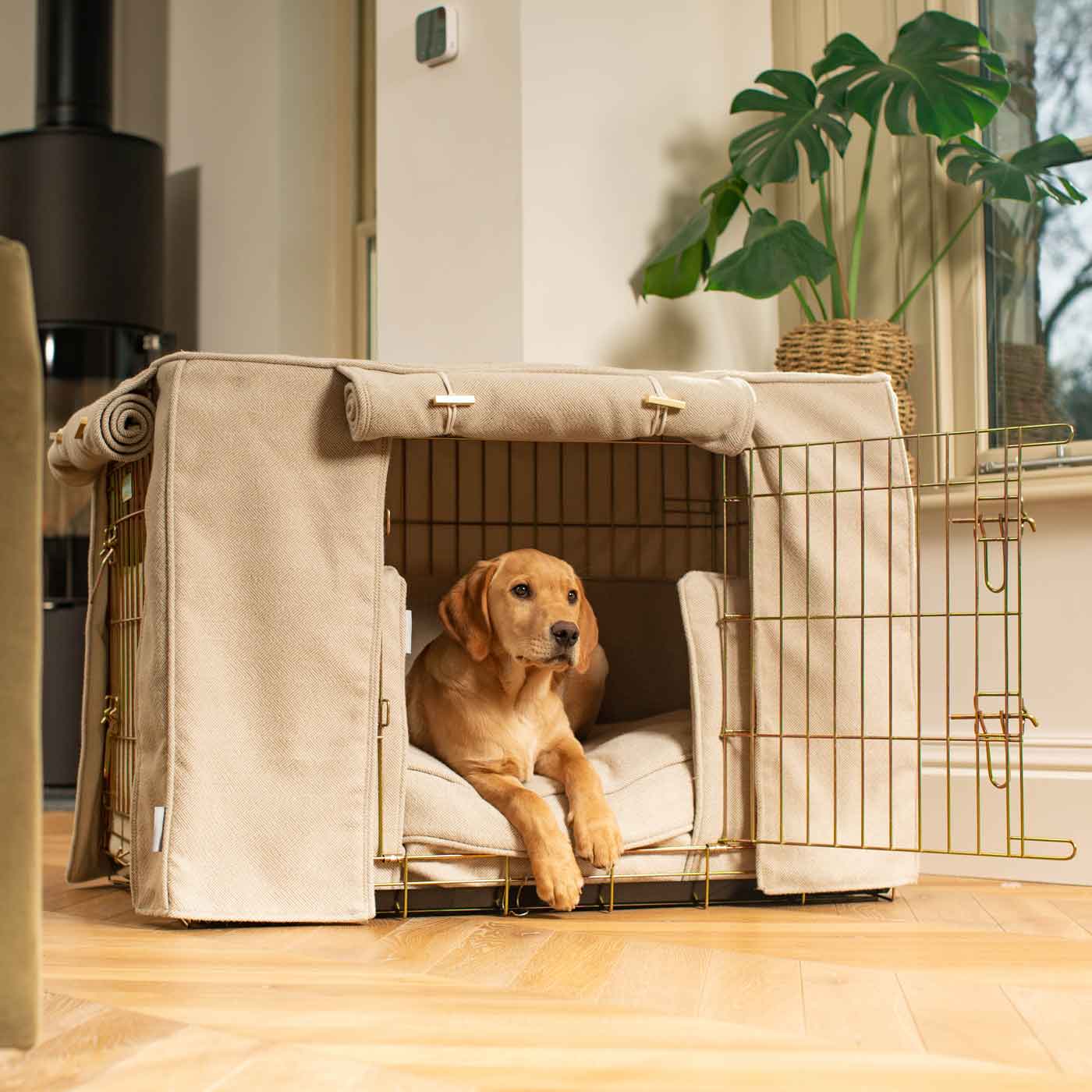 Luxury Heavy Duty Dog Cage, In Stunning Natural Herringbone Tweed Cage Set, The Perfect Dog Cage Set For Building The Ultimate Pet Den! Dog Cage Cover Available To Personalize at Lords & Labradors US