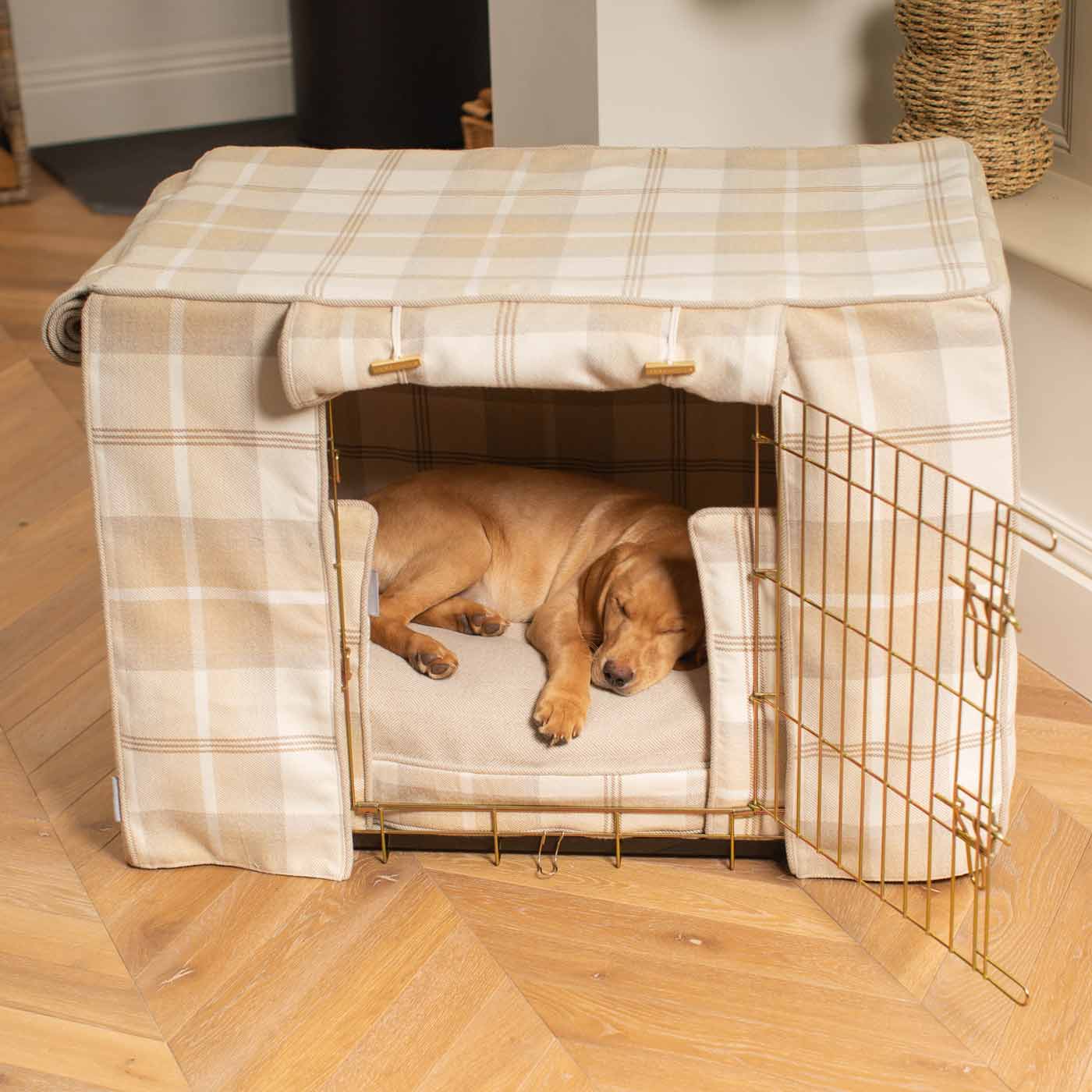 Luxury Gold Dog Cage Set With Cushion, Bumper and Cage Cover. The Perfect Dog Cage For The Ultimate Naptime, Available Now at Lords & Labradors US
