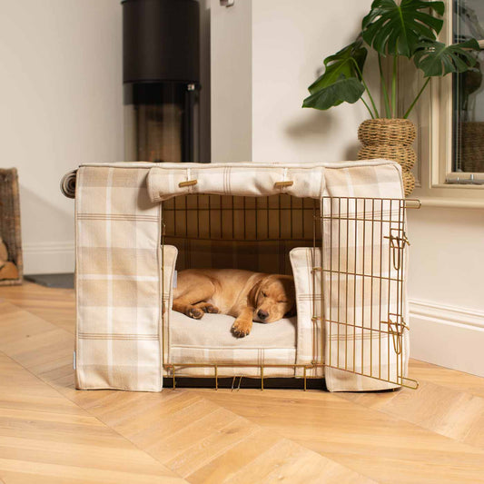 Luxury Gold Dog Cage Set With Cushion, Bumper and Cage Cover. The Perfect Dog Cage For The Ultimate Naptime, Available Now at Lords & Labradors US